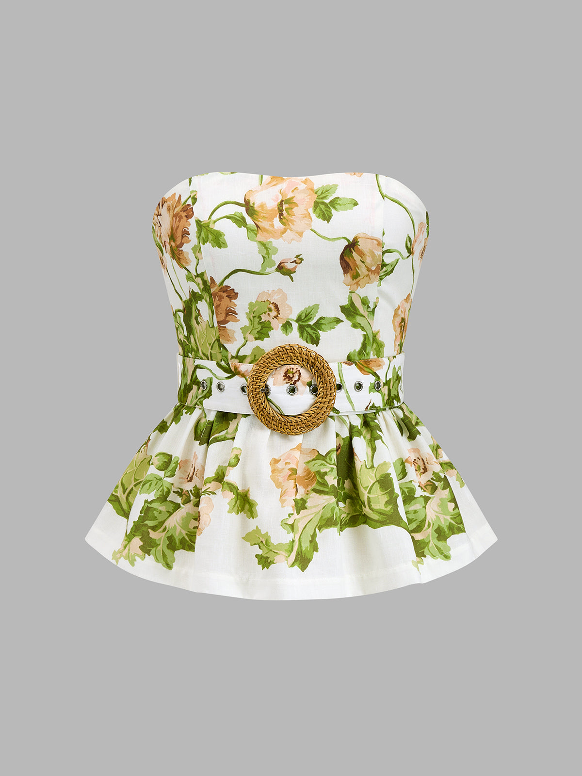 Floral Print Strapless Belted Peplum Top for Women Summer Fashion