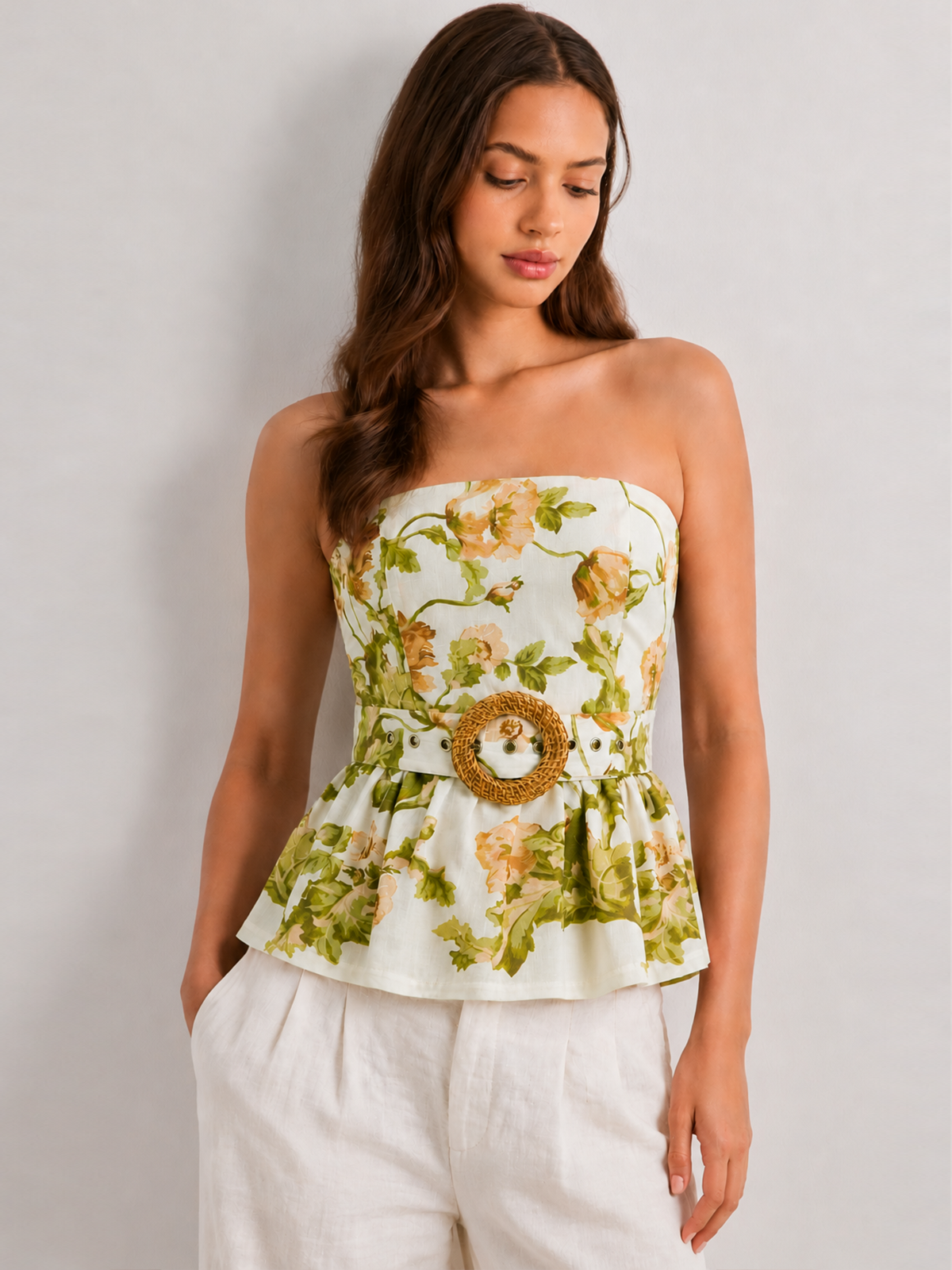 Floral Print Strapless Belted Peplum Top for Women Summer Fashion