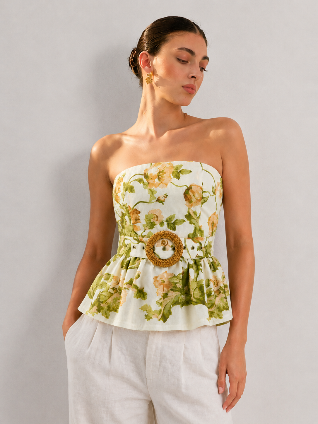 Floral Print Strapless Belted Peplum Top for Women Summer Fashion
