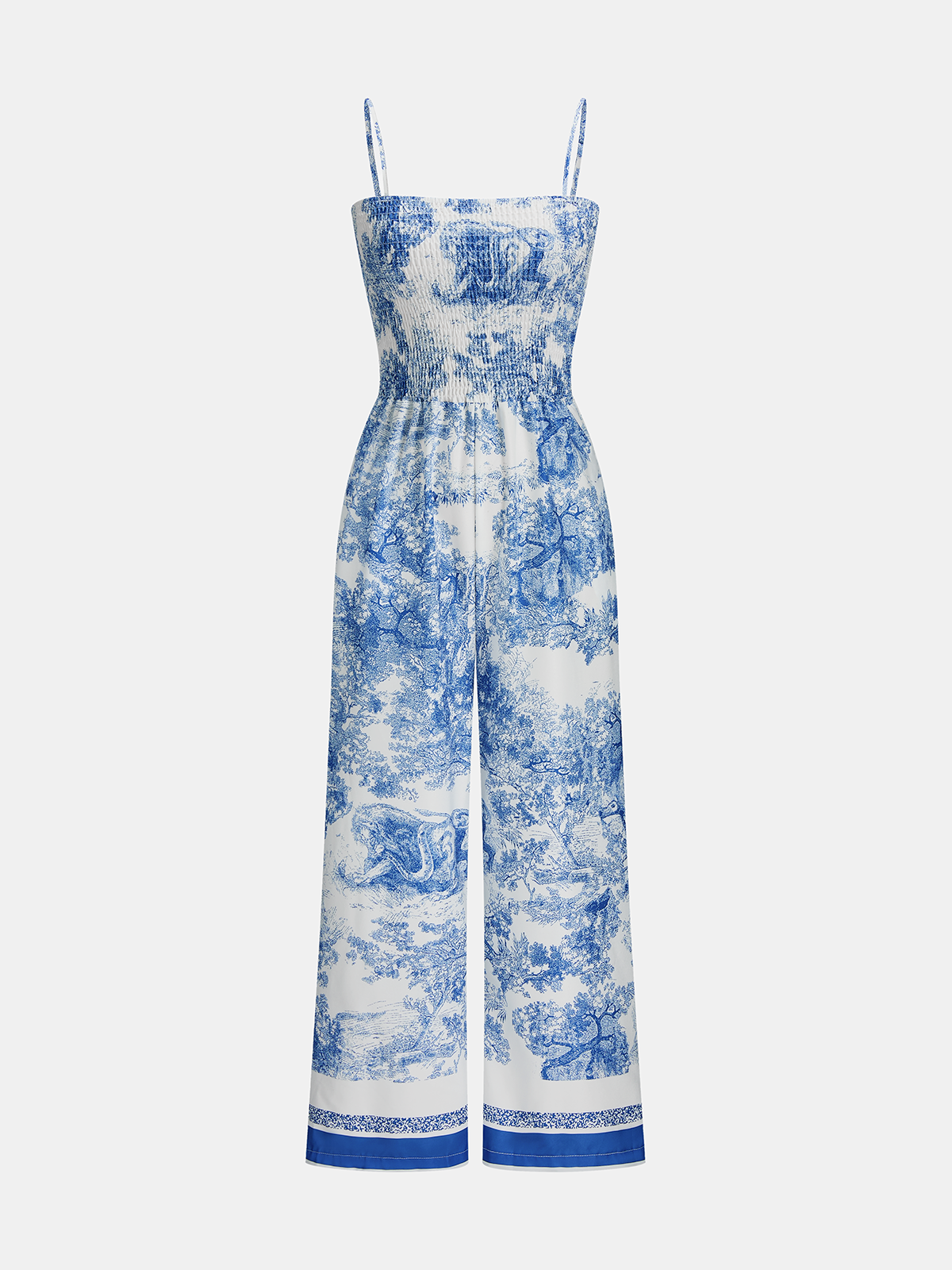 Toile Print Smocked Cami Wide-Leg Jumpsuit for Women - Casual Summer Outfit