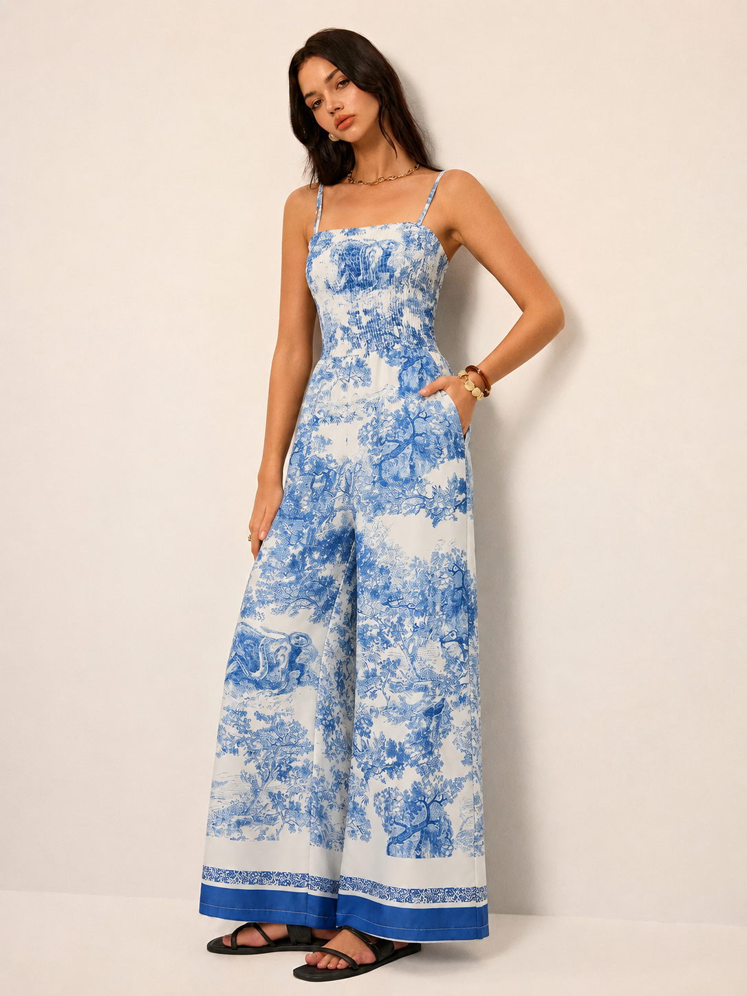 Toile Print Smocked Cami Wide-Leg Jumpsuit for Women - Casual Summer Outfit