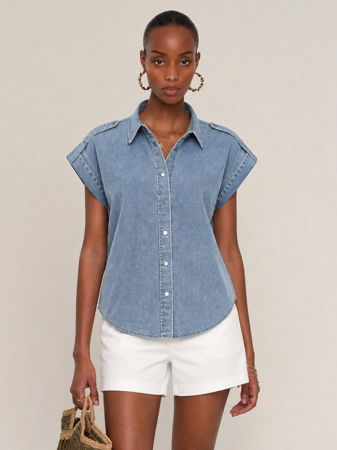 Epaulet Metal Button Denim Shirt for Men, Classic Casual Style