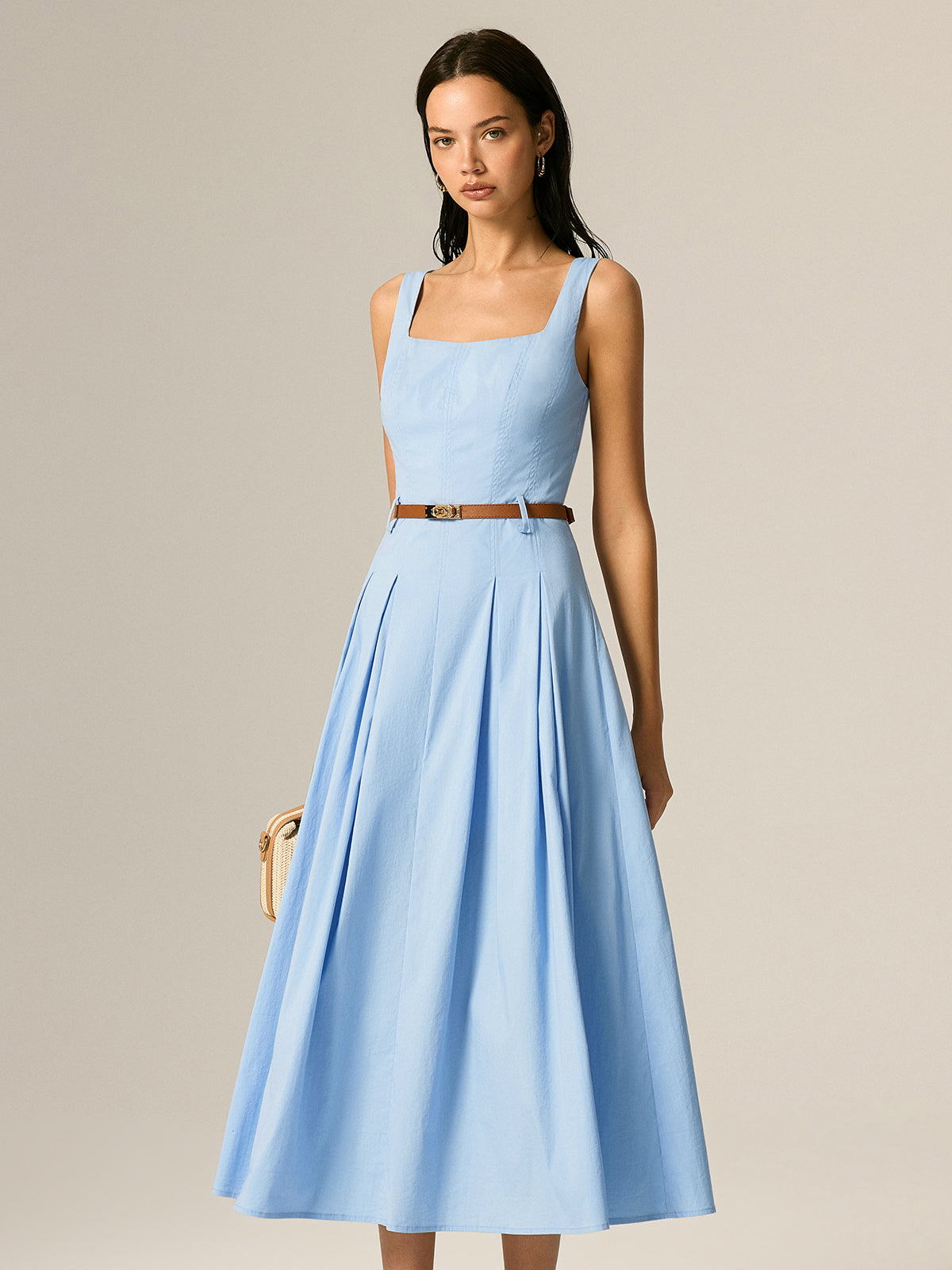 Square Neck Belted Pleated Maxi Dress for Elegant Evening Wear