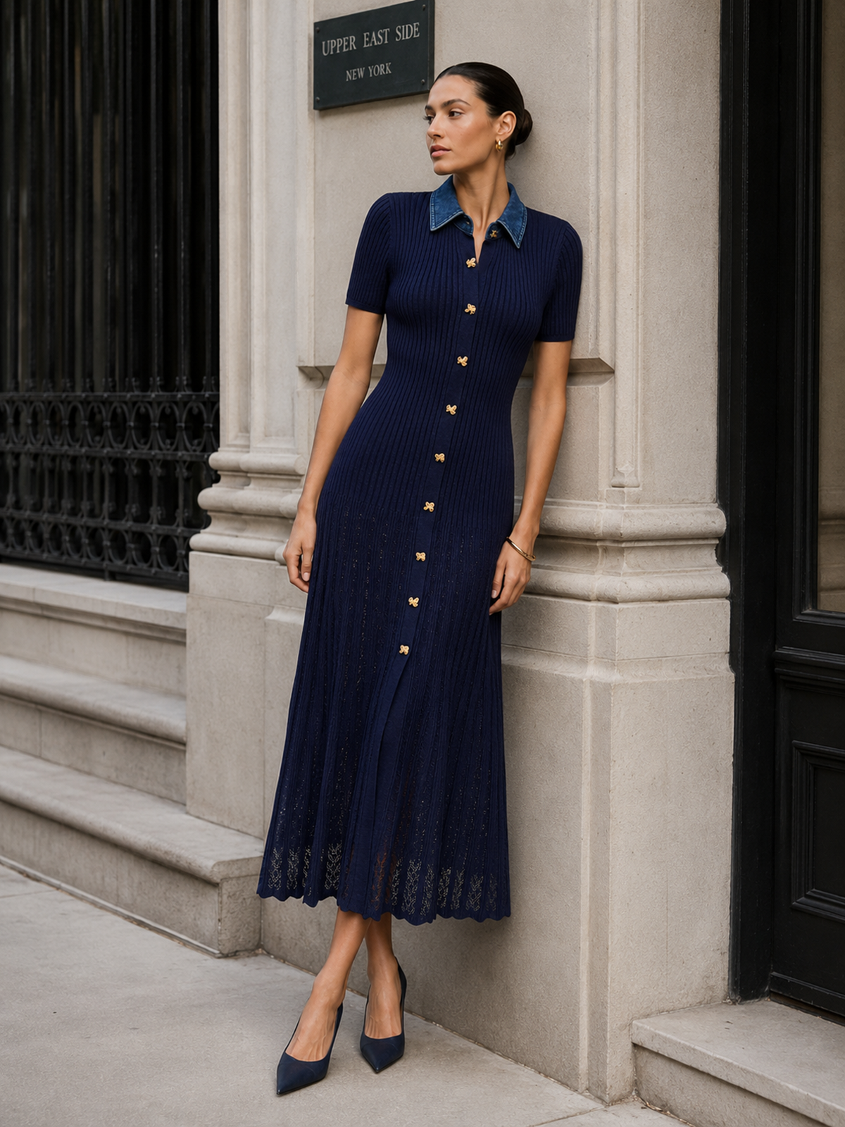 Denim Collar Ribbed Knit Maxi Dress for Women Comfort Fit