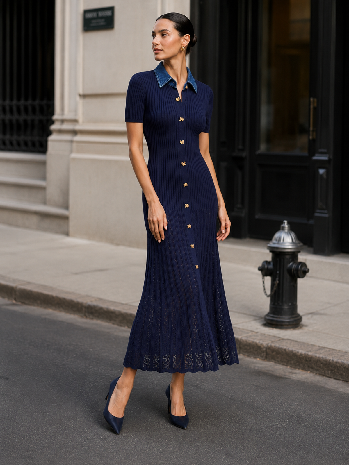 Denim Collar Ribbed Knit Maxi Dress Comfortable Full-Length Sleeveless Style