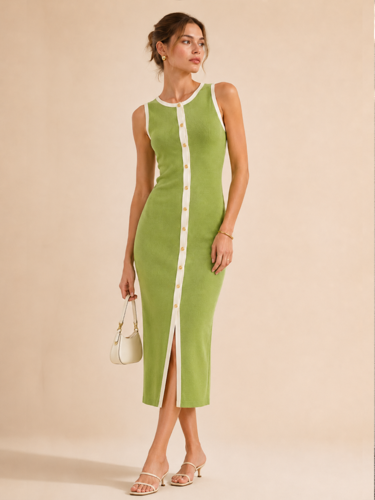 Contrast Trim Button Front Knit Maxi Dress with Long Sleeves and Pockets