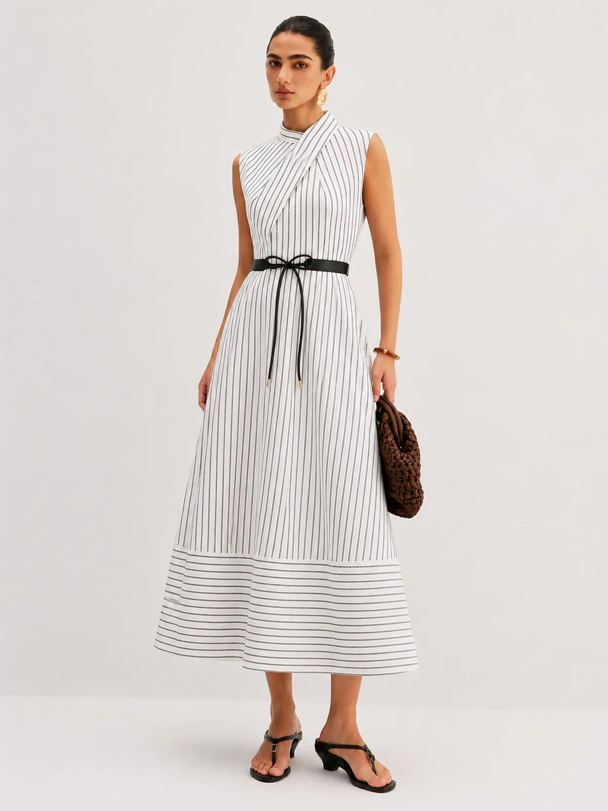 Wrap Collar Striped Belted Midi Dress with Pockets and Sleeve Options