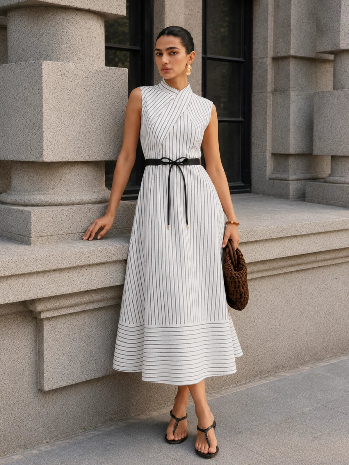 Wrap Collar Striped Belted Midi Dress with Pockets and Sleeve Options