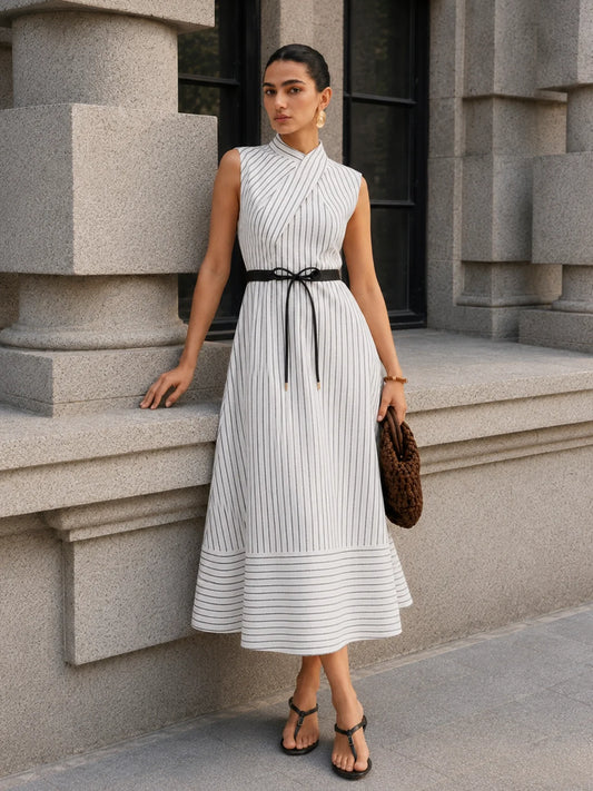 Wrap Collar Striped Belted Midi Dress with Pockets and Sleeve Options