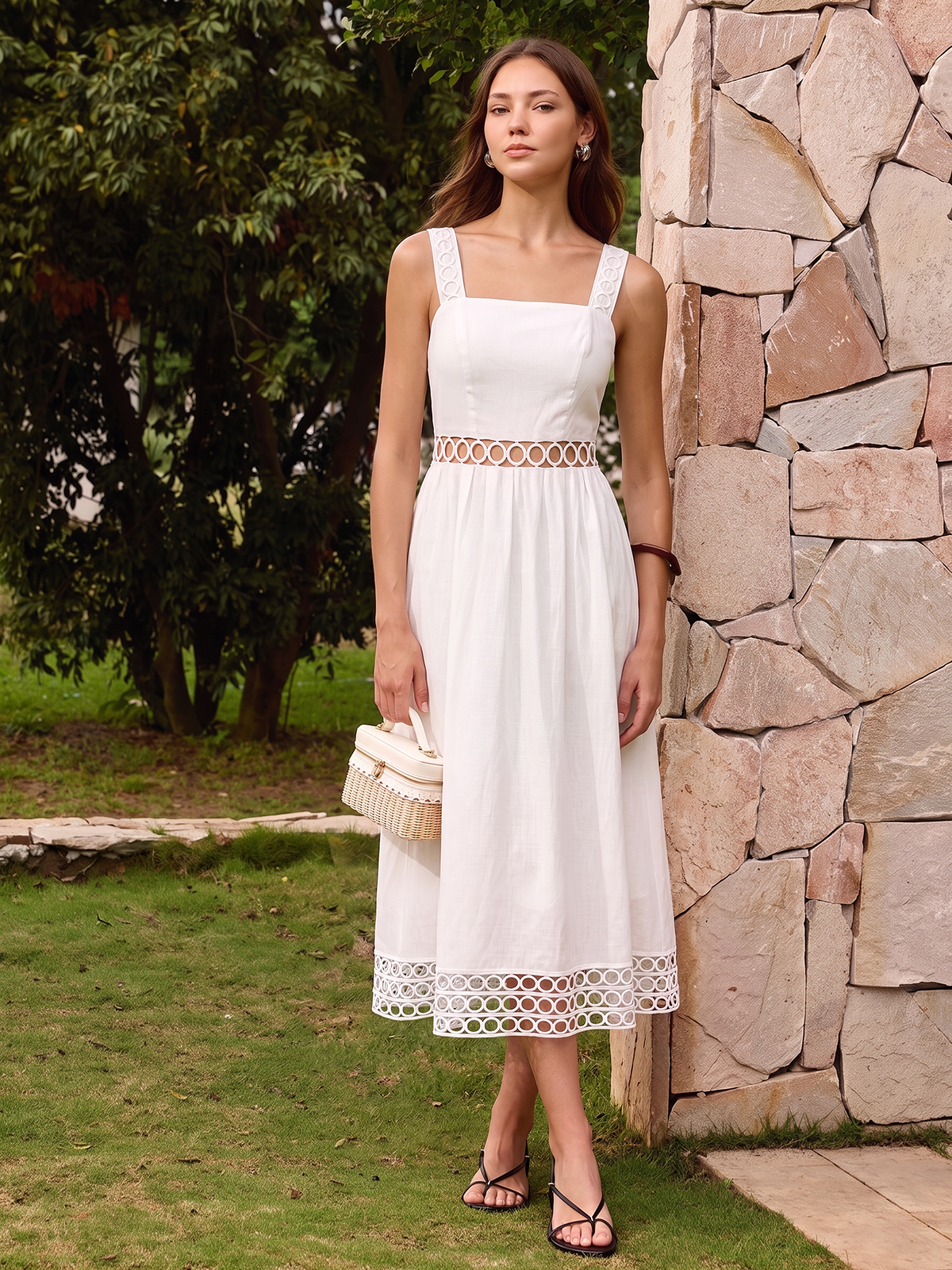 Circle Hollow Linen Blend Midi Dress with Ruffle Detail