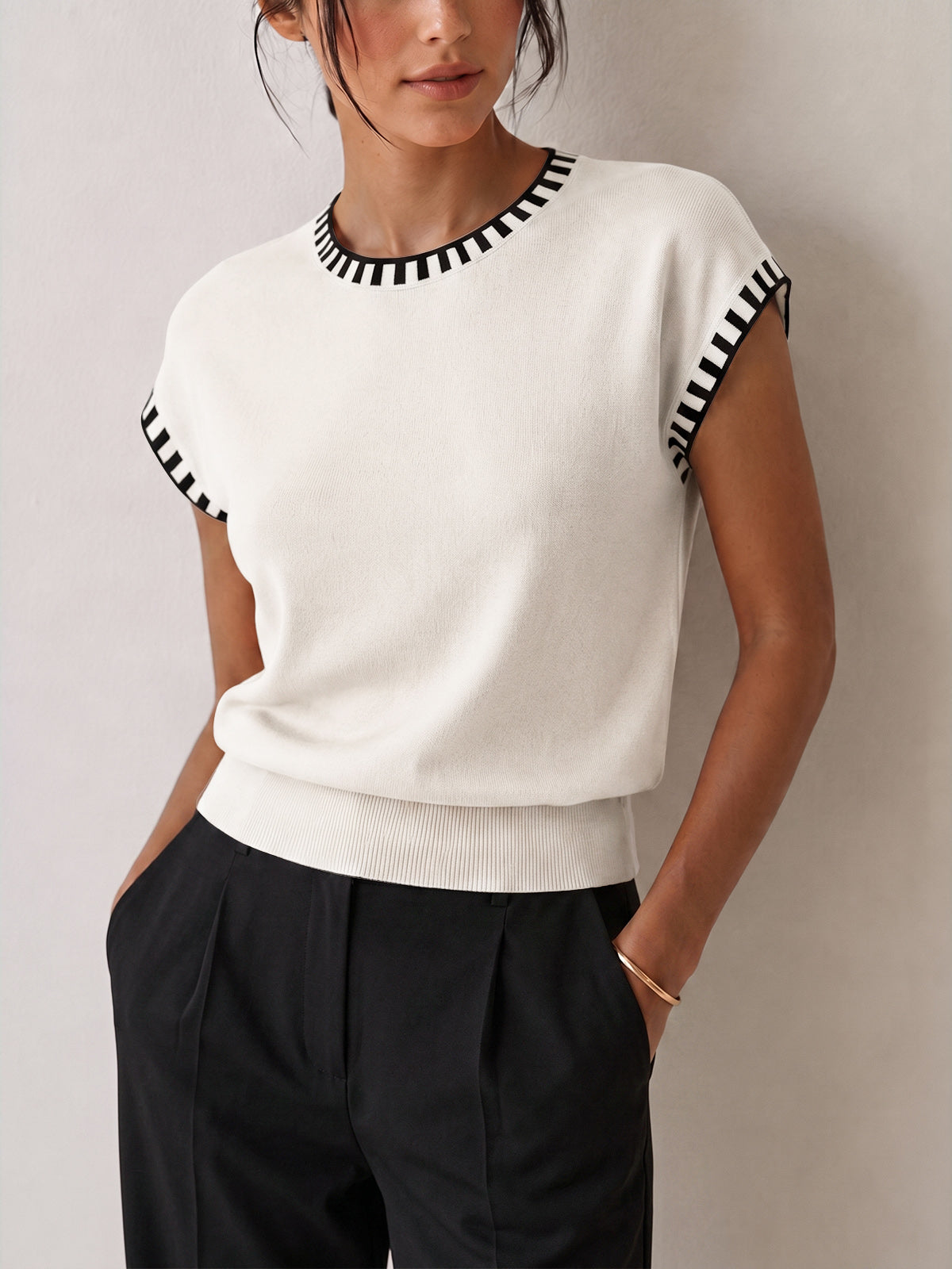 Contrast Trim Cap Sleeve Knit Top Casual Women's Everyday Wear