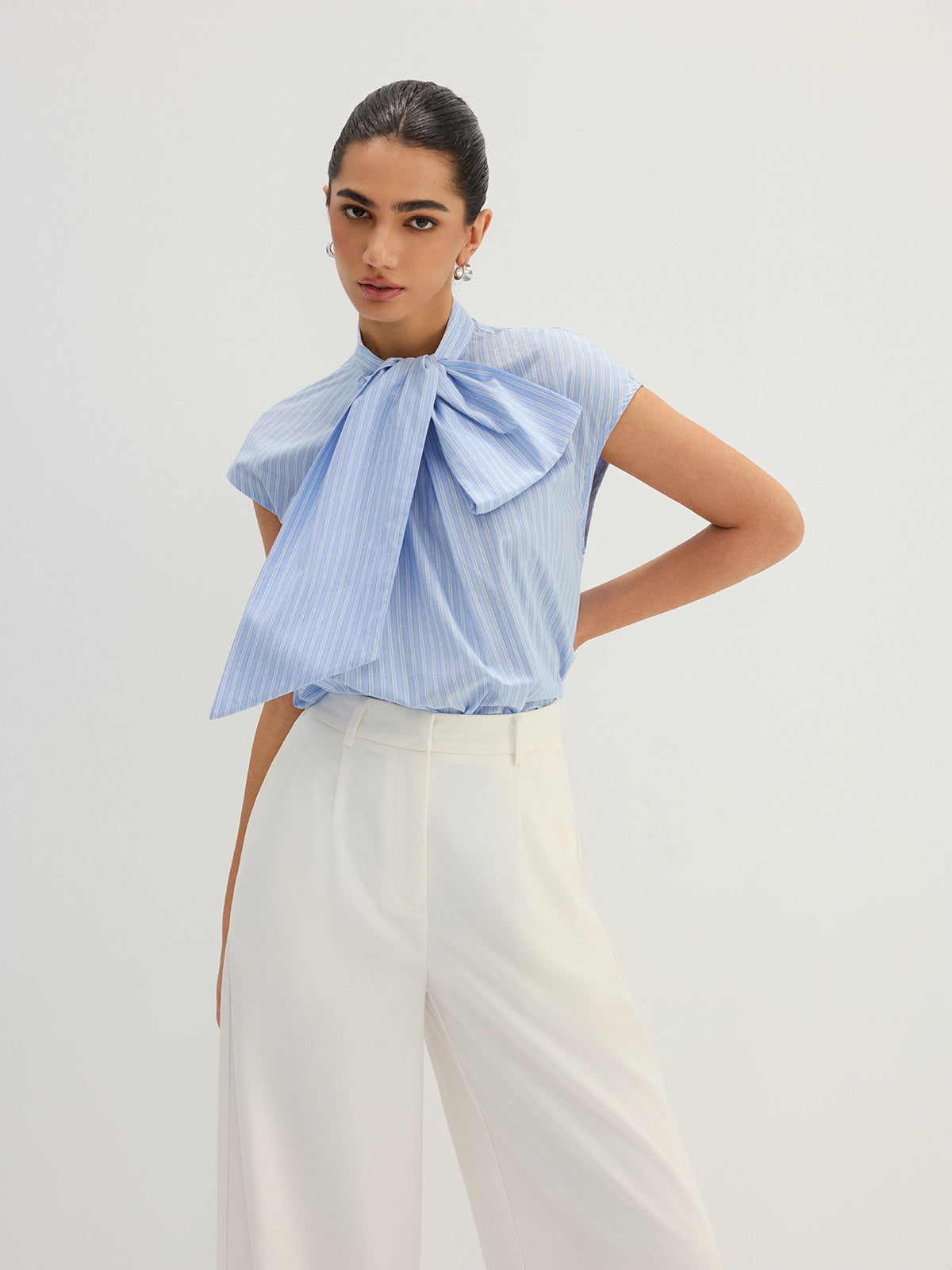 Striped Bow Neck Cap Sleeve Cotton Blouse Women's Casual Summer Top