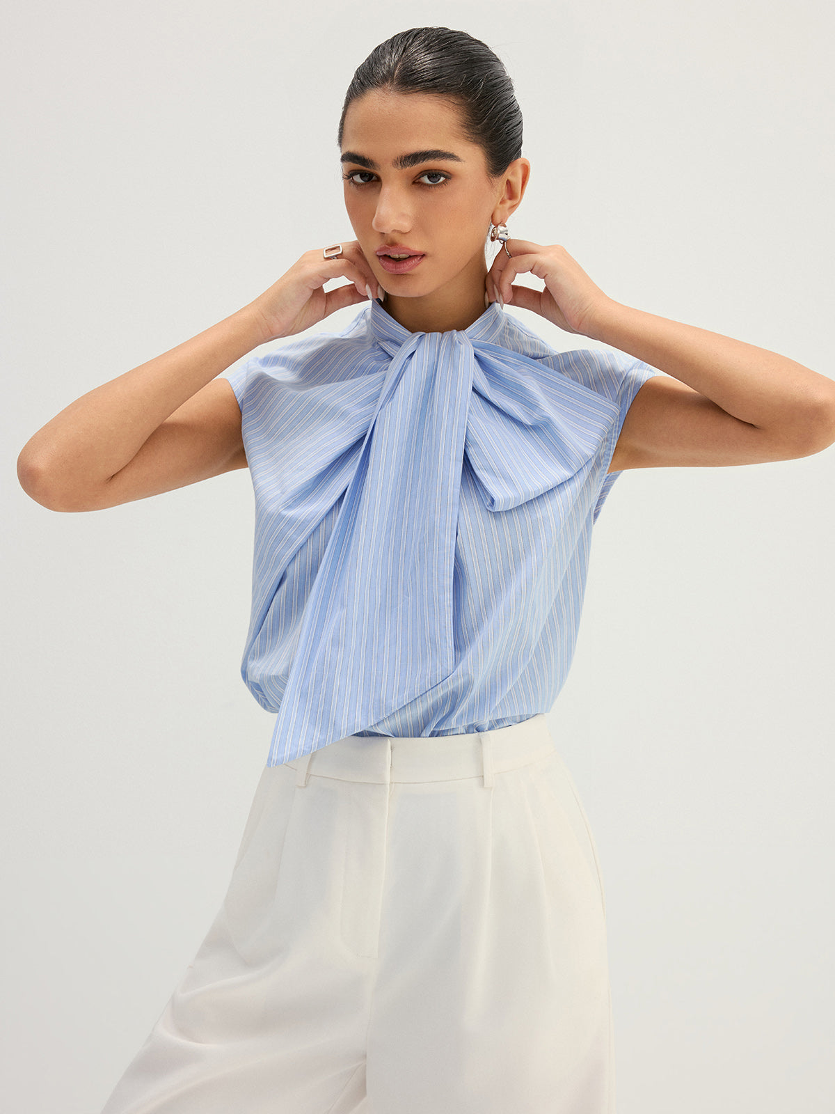 Striped Bow Neck Cap Sleeve Cotton Blouse Women's Casual Summer Top