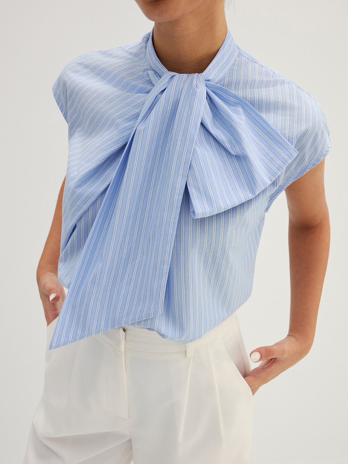 Striped Bow Neck Cap Sleeve Cotton Blouse Women's Casual Summer Top