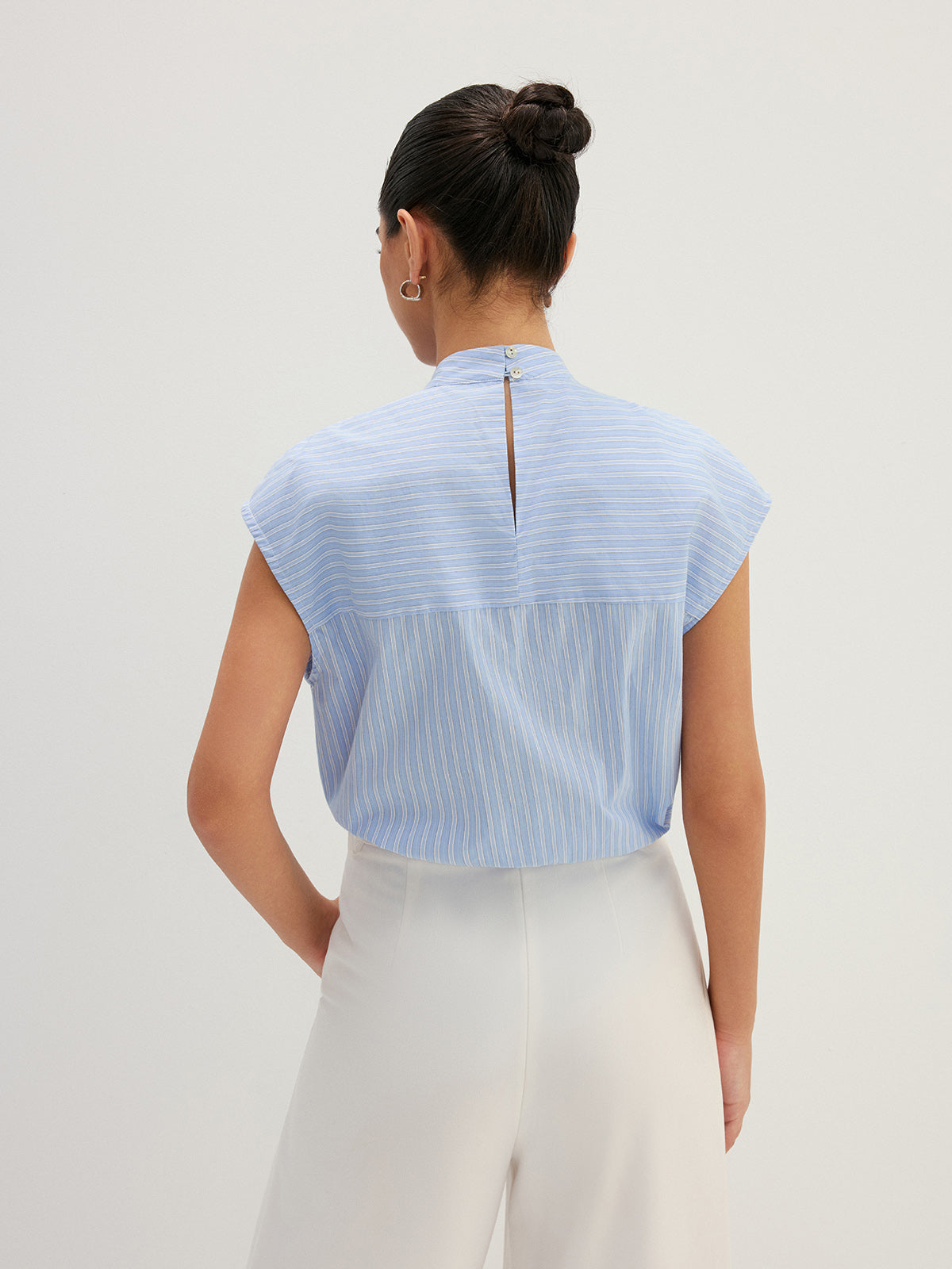 Striped Bow Neck Cap Sleeve Cotton Blouse Women's Casual Summer Top
