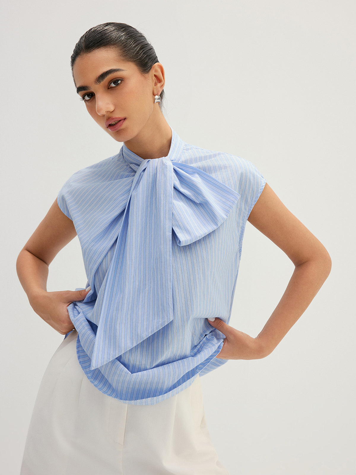 Striped Bow Neck Cap Sleeve Cotton Blouse Women's Casual Summer Top