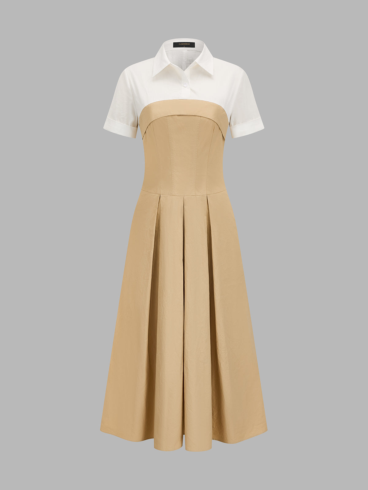 Fake Two Piece Shirt Collar Pleated Maxi Dress with Elegant Long Sleeves