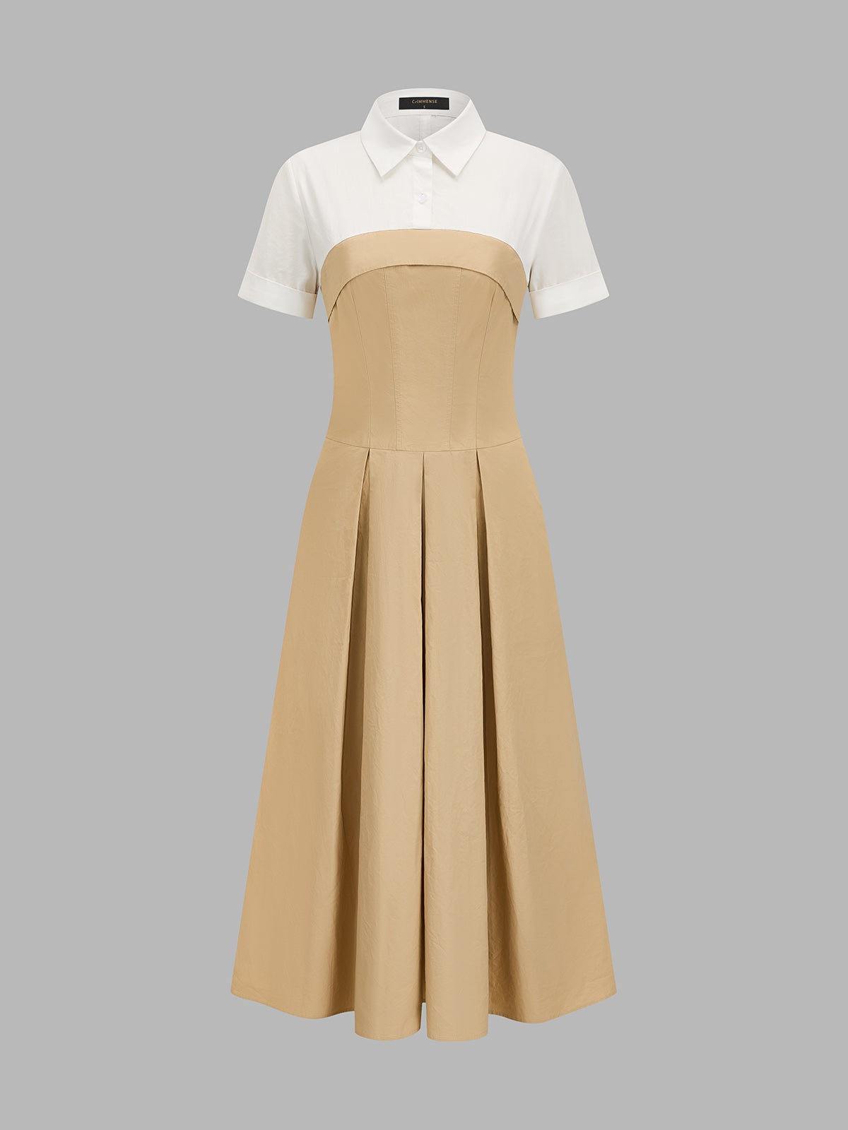 Fake Two Piece Shirt Collar Pleated Maxi Dress with Elegant Long Sleeves