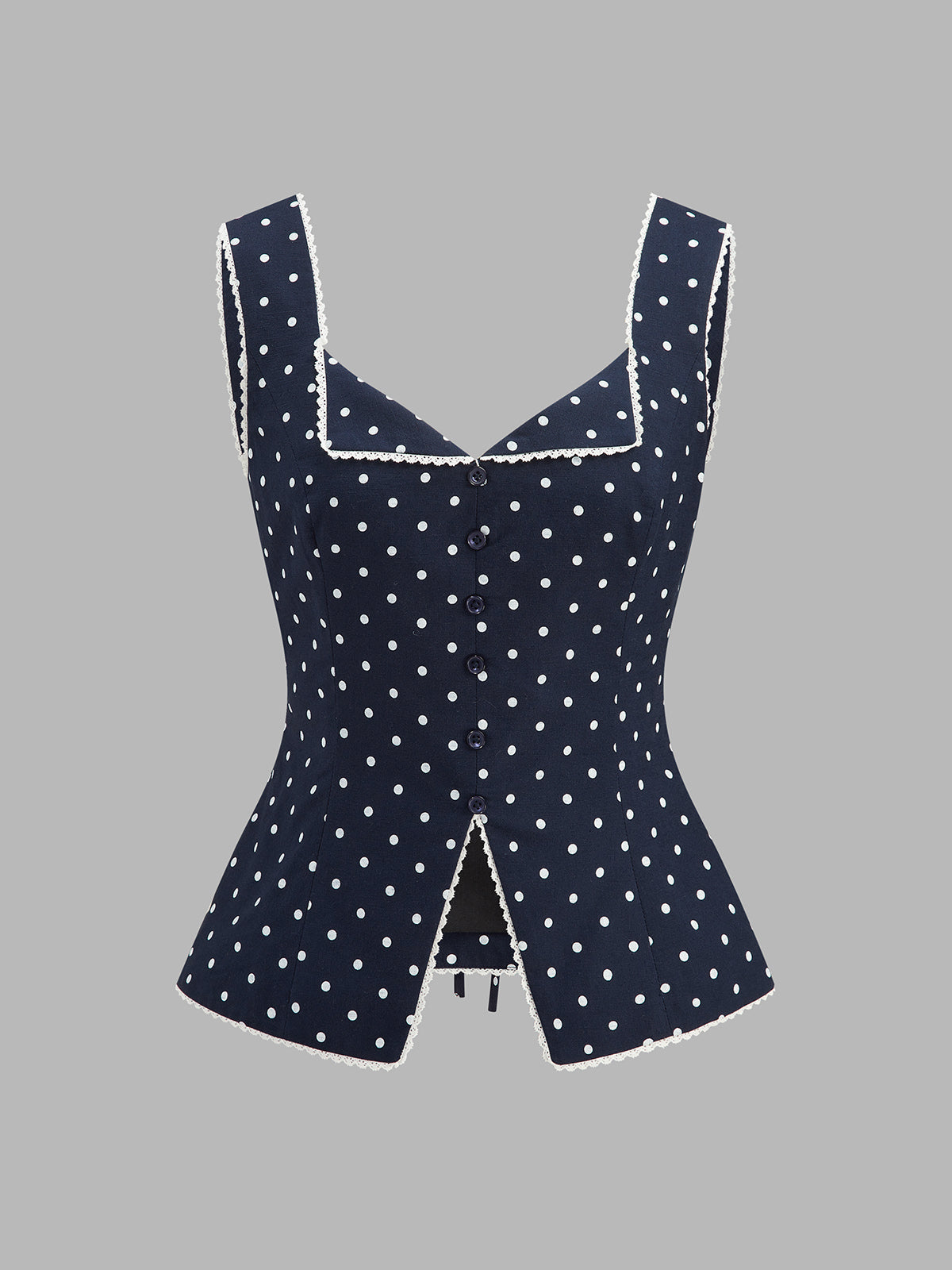 Polka Dot Lace Trim Button Front Vest Casual Lightweight Sleeveless Top