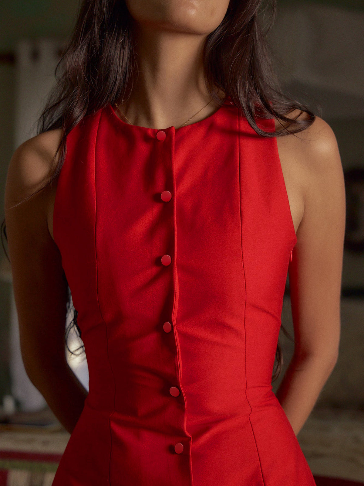 Button-Front Sleeveless Short Dress with Pockets for Women Summer Casual