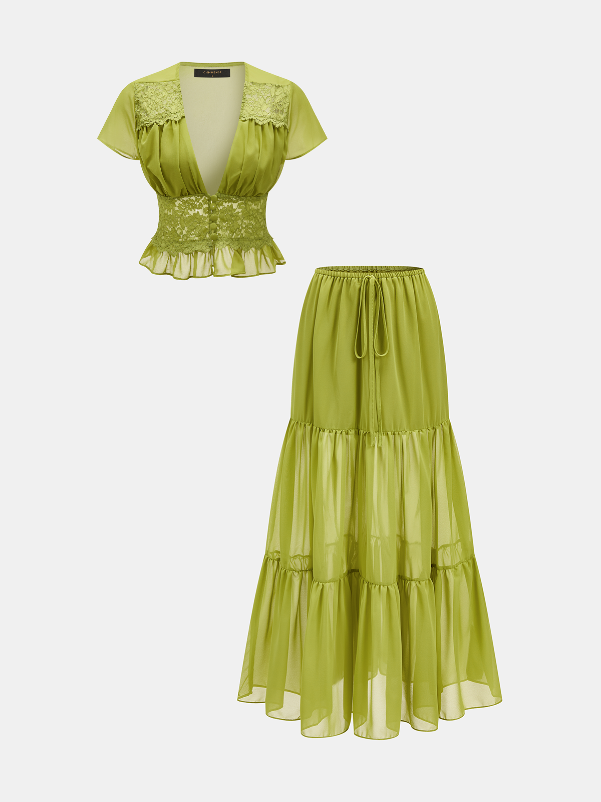 Lace Panel V-Neck Top & Tiered Skirt Set for Elegant Evening Wear