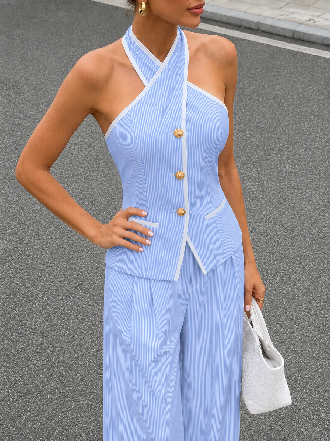 Pinstripe Cotton Blend Two Piece Pants Set for Women Stylish Office Wear
