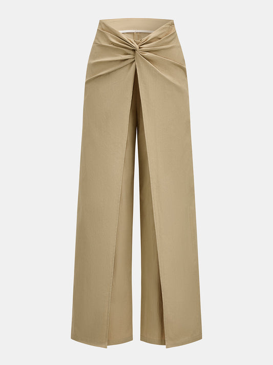 Twist Front Wrap Overlay Wide Leg Pants for Women, High Waist Elegant Style