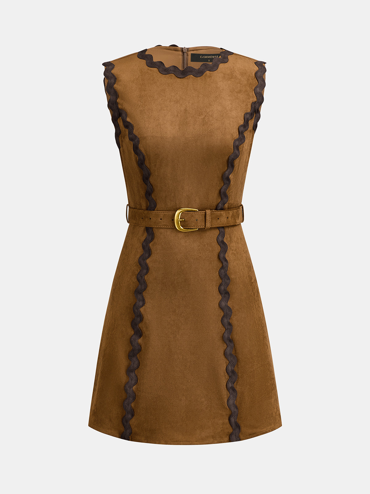 Scalloped Trim Belted Suede Effect Mini Dress for Women Designer Style