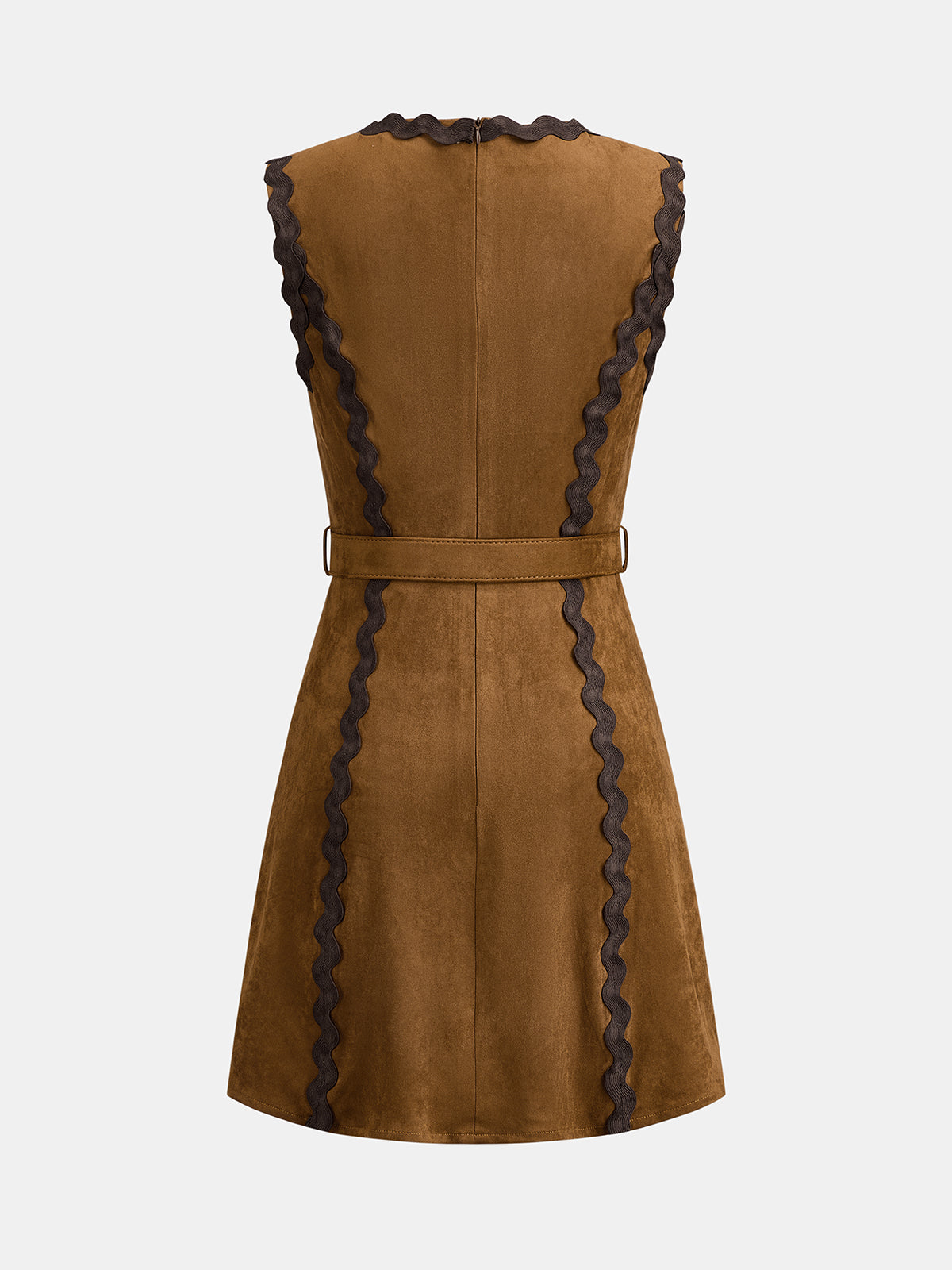 Scalloped Trim Belted Suede Effect Mini Dress for Women Designer Style