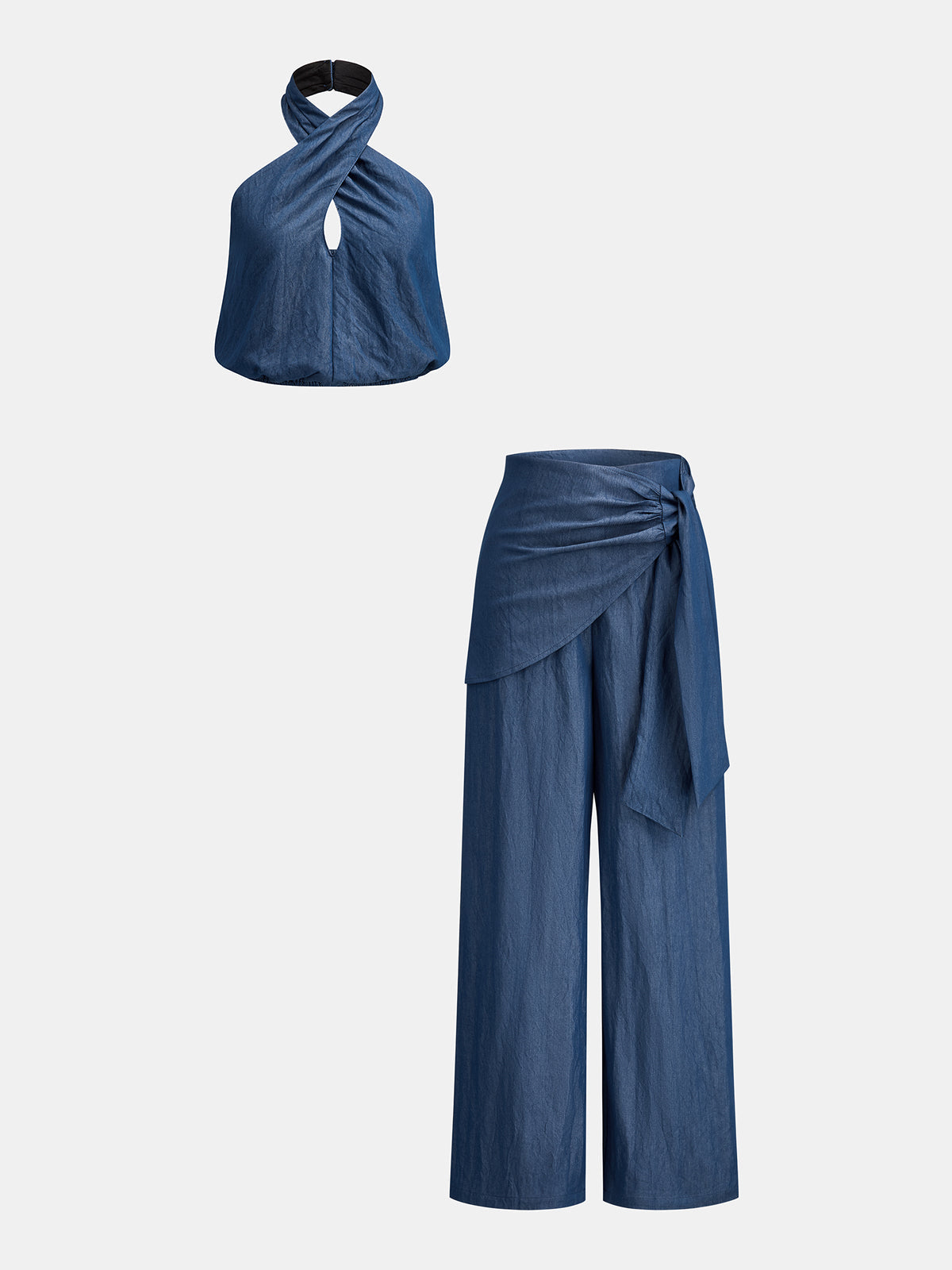 Cross Halter Top & Slant Wrap Pants Set for Women Summer Fashion