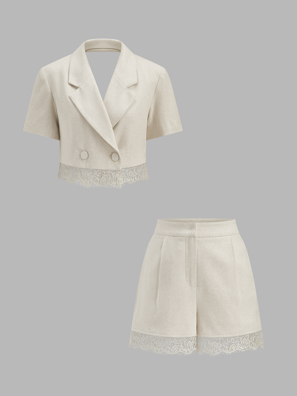 Cotton Linen Lace Hem Blazer & Shorts Set with Elegant Design
