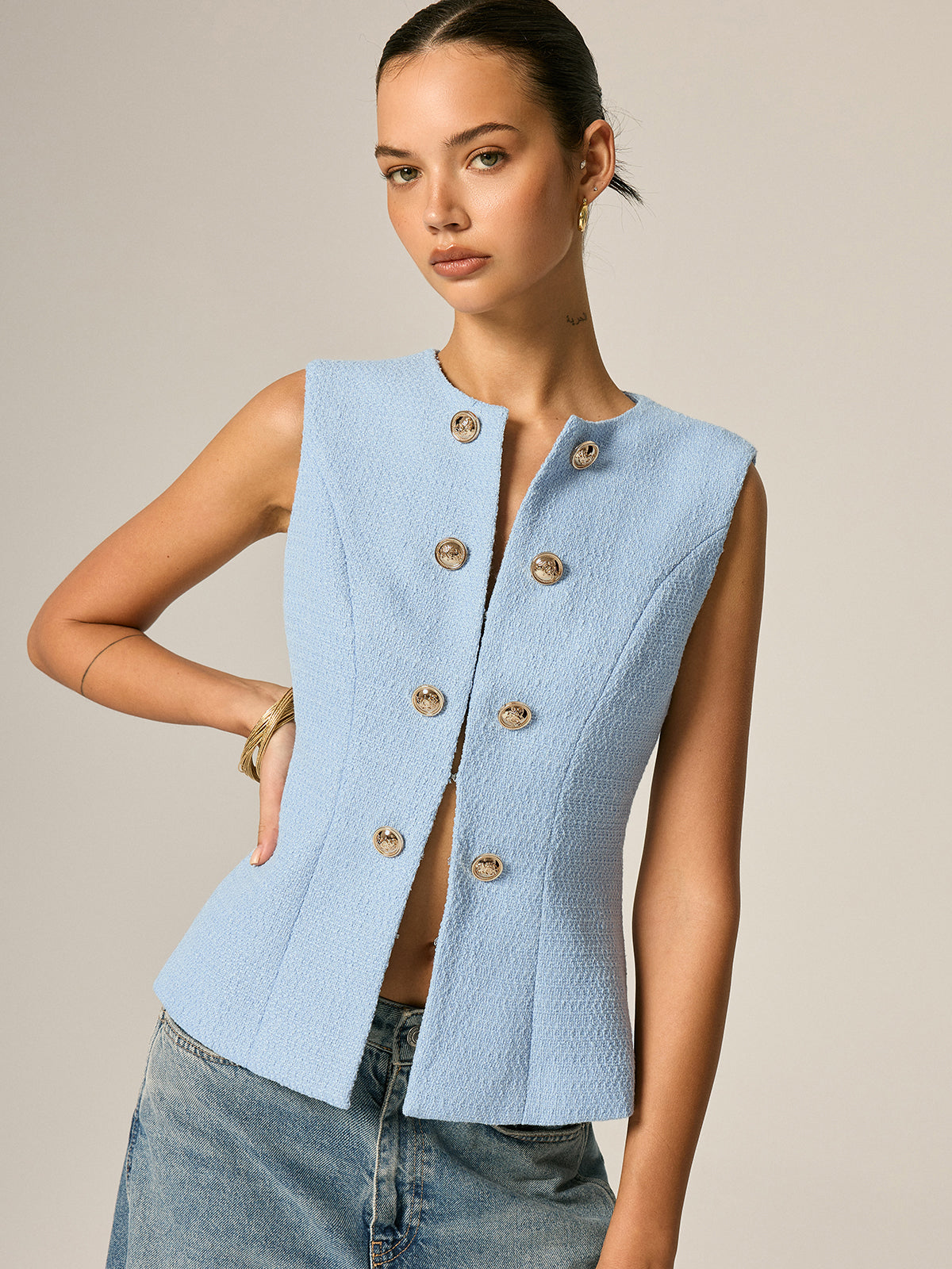 Metal Detail Tweed Casual Vest with Button Front Closure