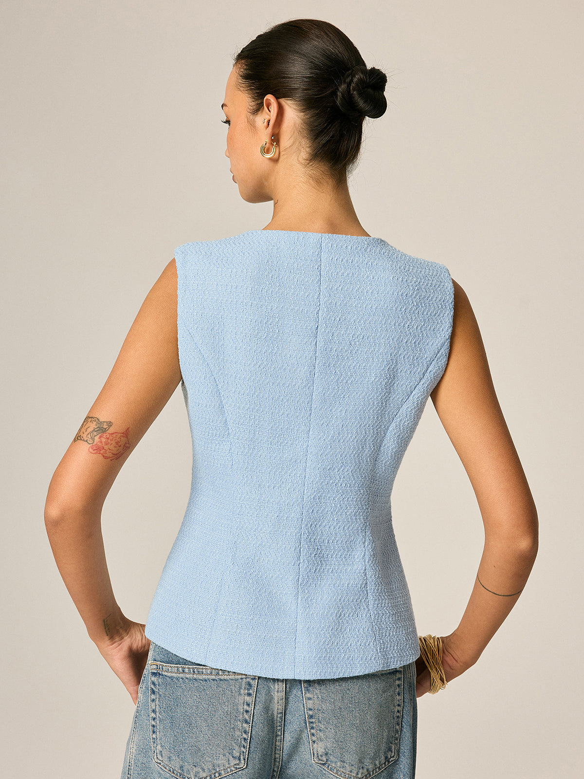 Metal Detail Tweed Casual Vest with Button Front Closure