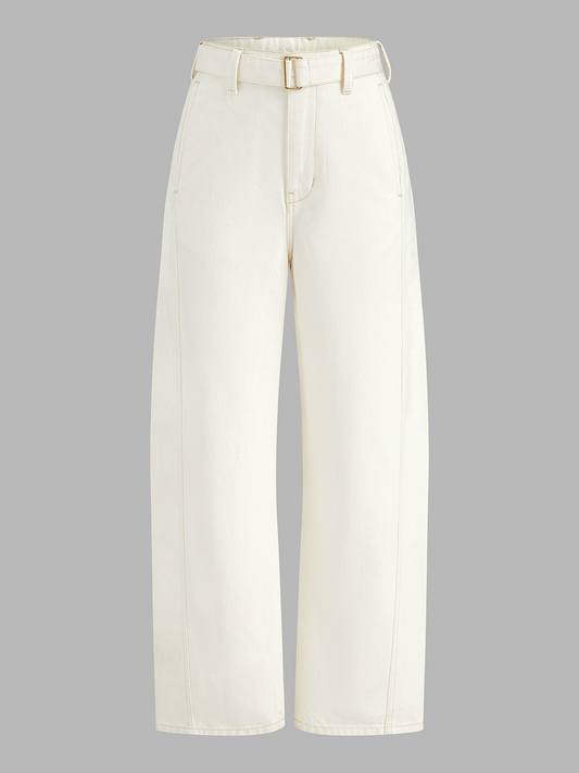 Belted Mid-Waist Curved-Leg Denim Pants for Women Casual Fit