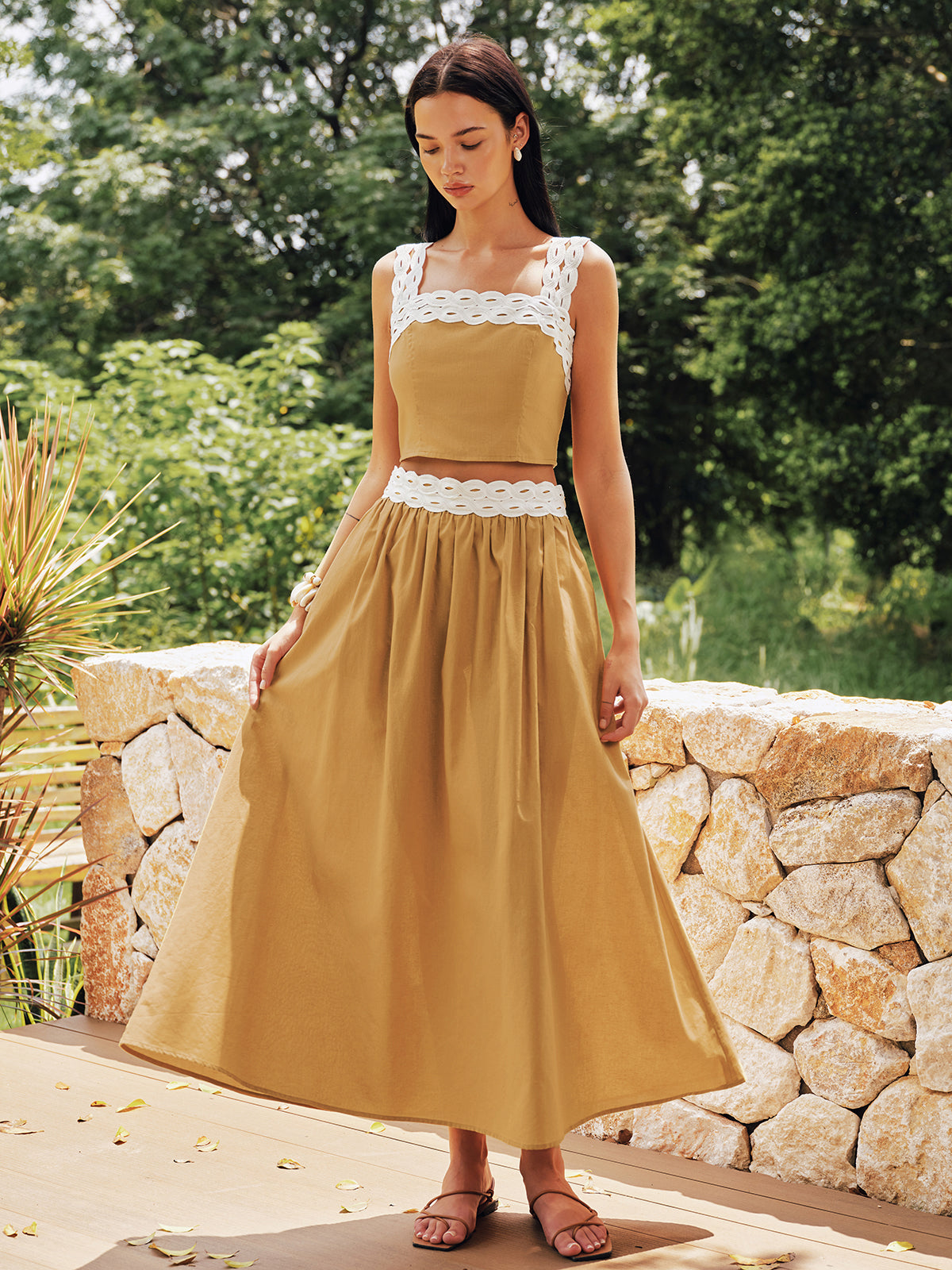 Contrast Trim Cotton Linen Top & Skirt Set with Pockets for Women