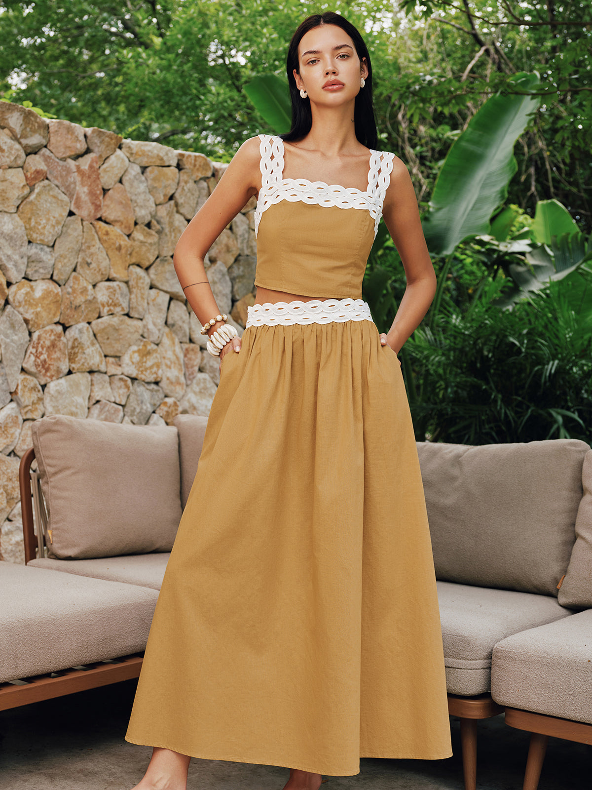 Contrast Trim Cotton Linen Top & Skirt Set with Pockets for Women