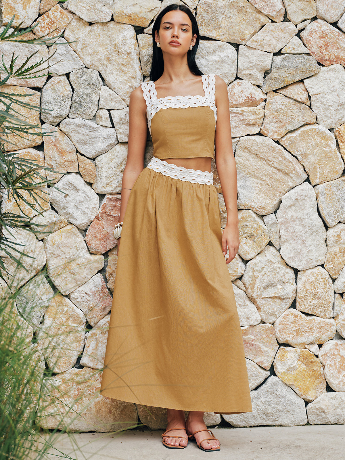 Contrast Trim Cotton Linen Top & Skirt Set with Pockets for Women