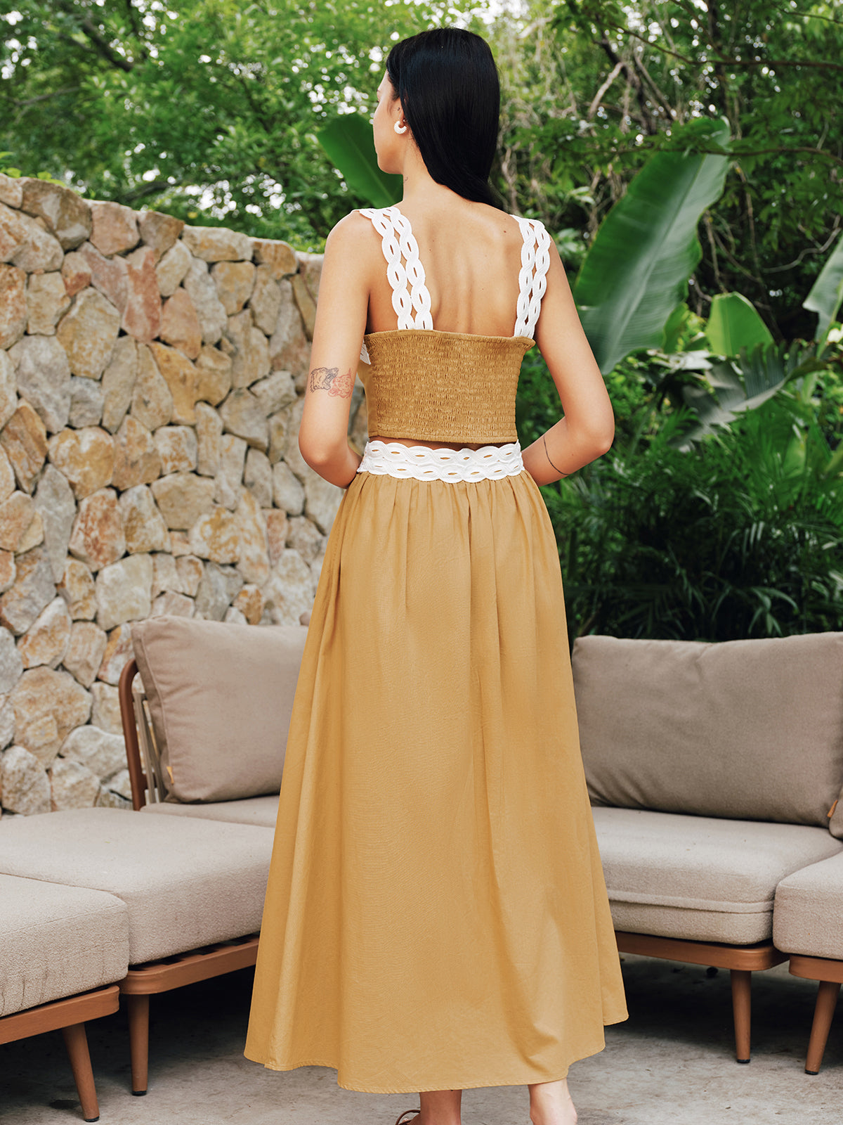 Contrast Trim Cotton Linen Top & Skirt Set with Pockets for Women