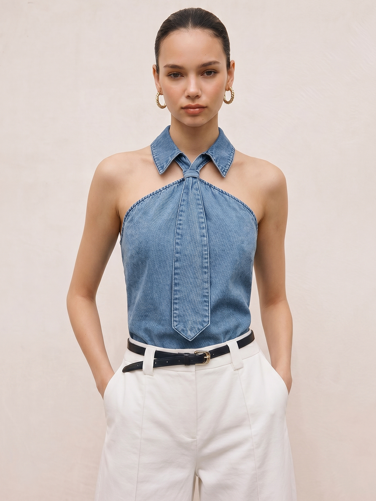 Tie Detail Denim Halter Top with Backless Design for Women