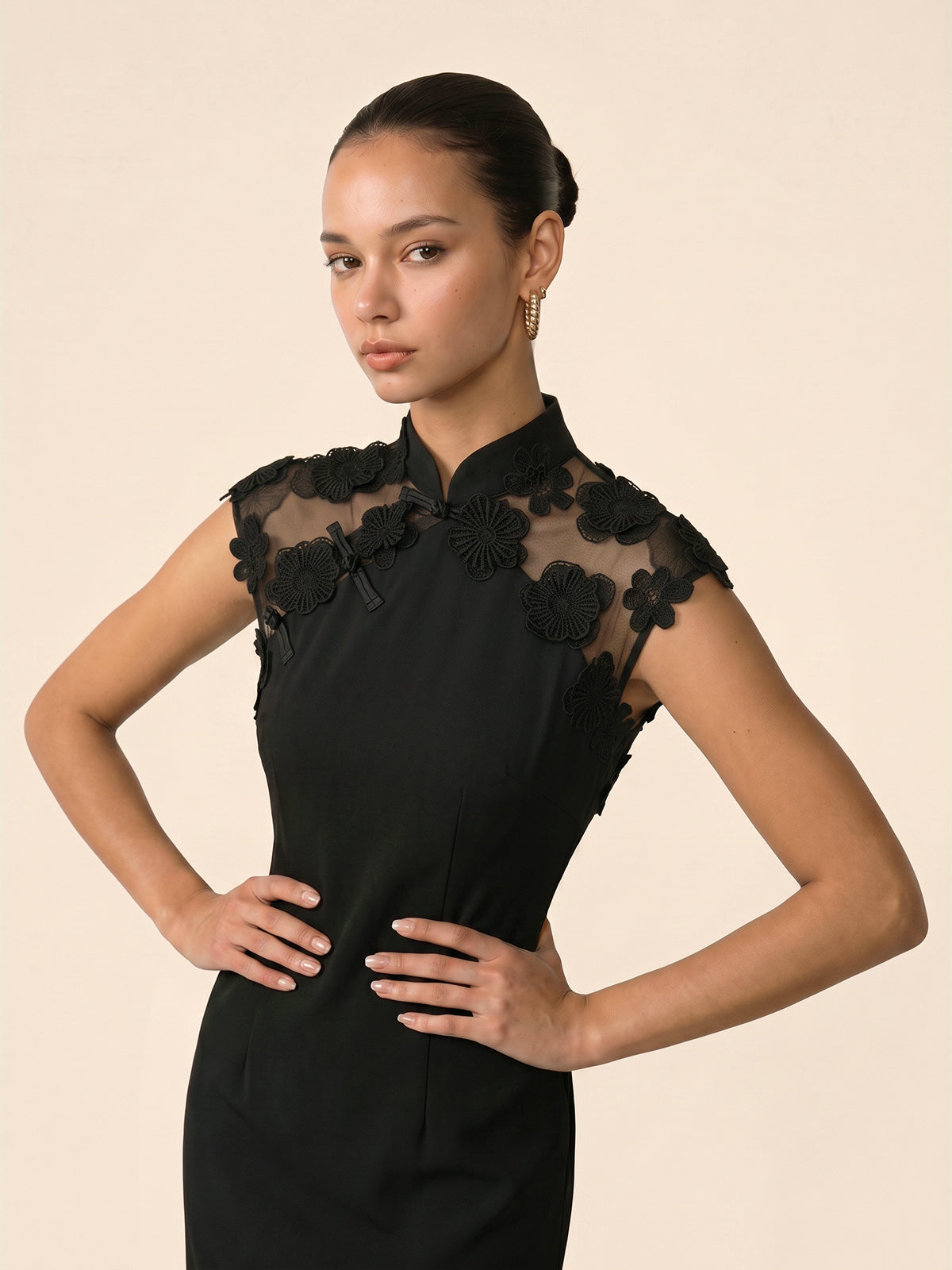 Floral Appliqué Sheer Back Mandarin Collar Maxi Dress for Special Occasions