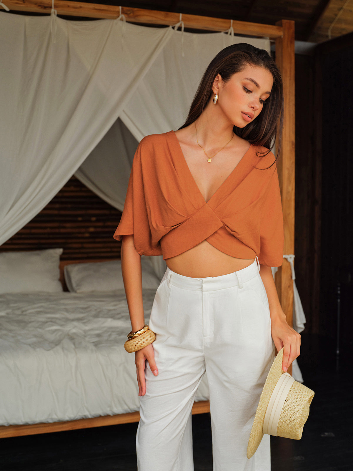 Cotton & Linen Criss-Cross Front Blouse Elegant Casual Summer Top