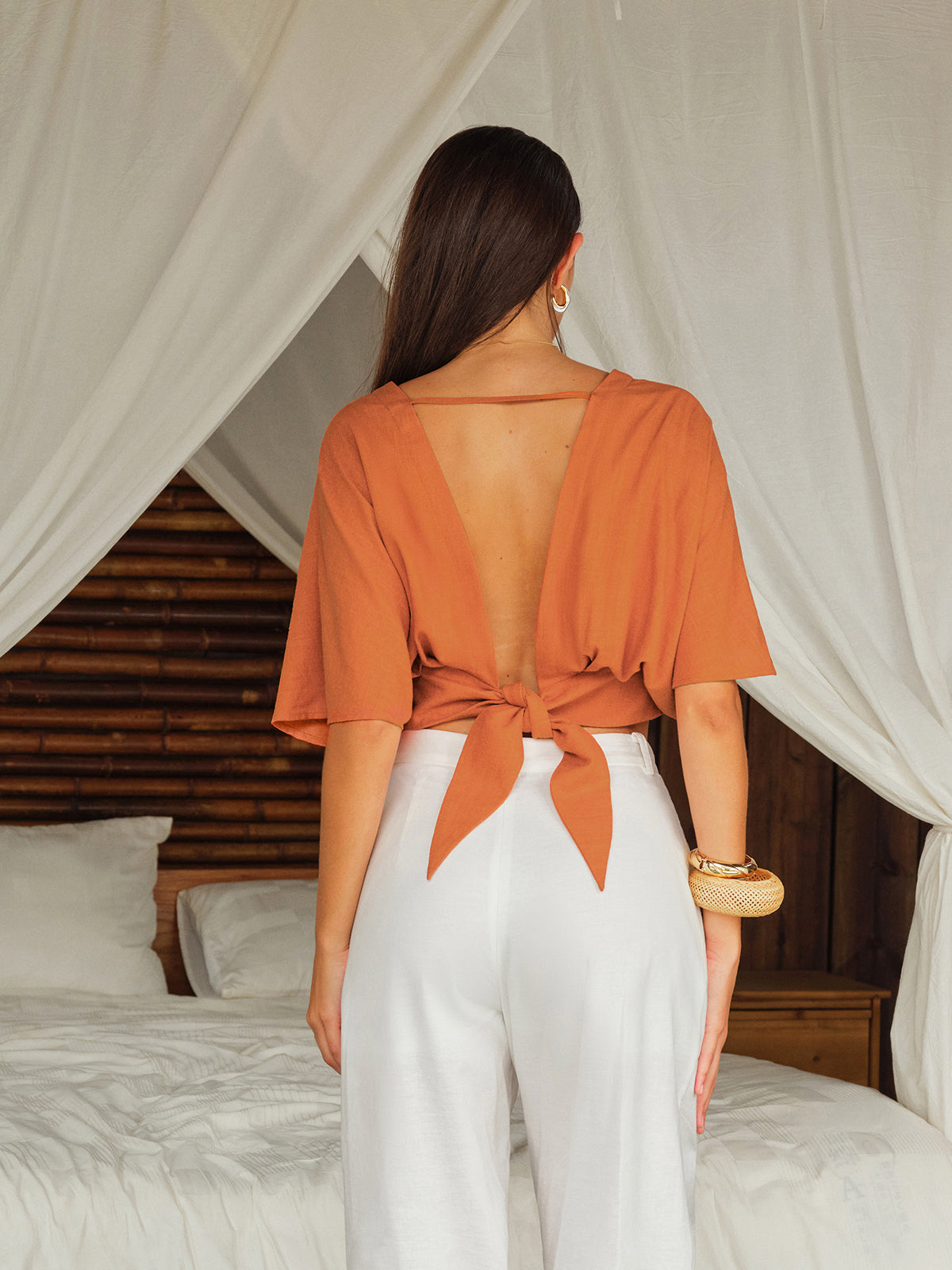 Cotton & Linen Criss-Cross Front Blouse Elegant Casual Summer Top