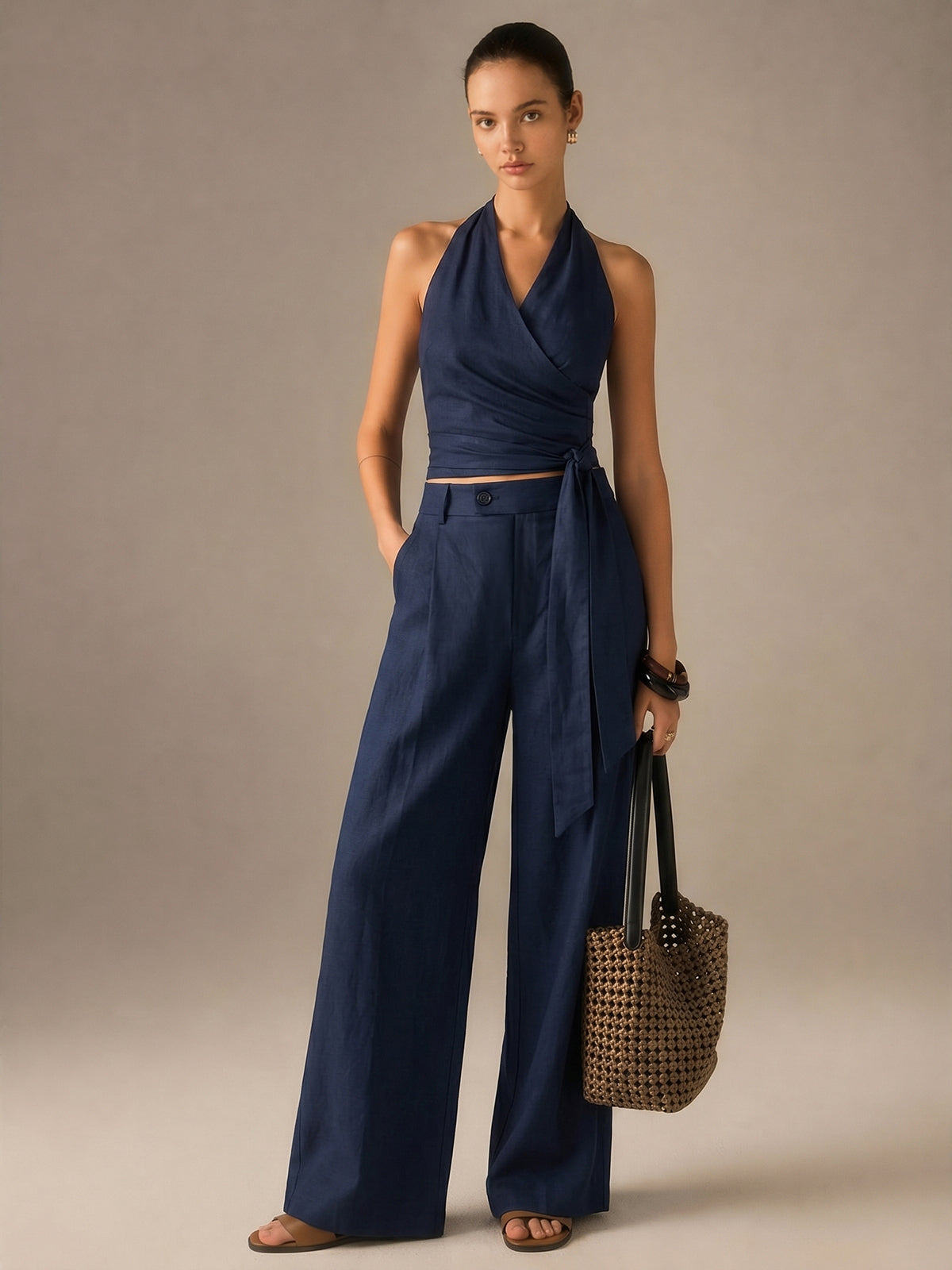 Cotton Linen Halter Wrap Top & Pants Set Casual Summer Outfit