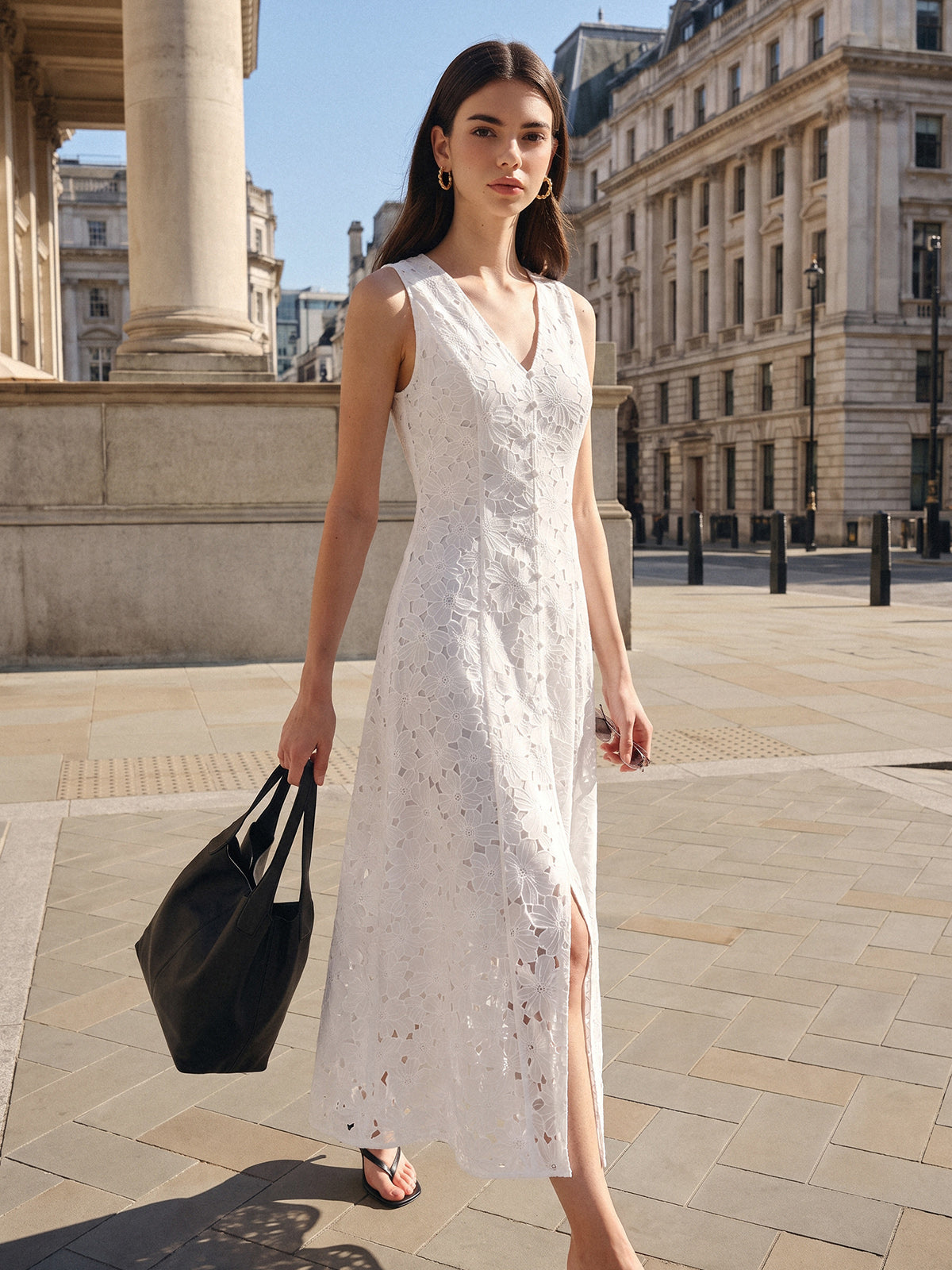 Enhance Your Style with Sleeveless Floral Cutwork Slit Midi Dress for Summer