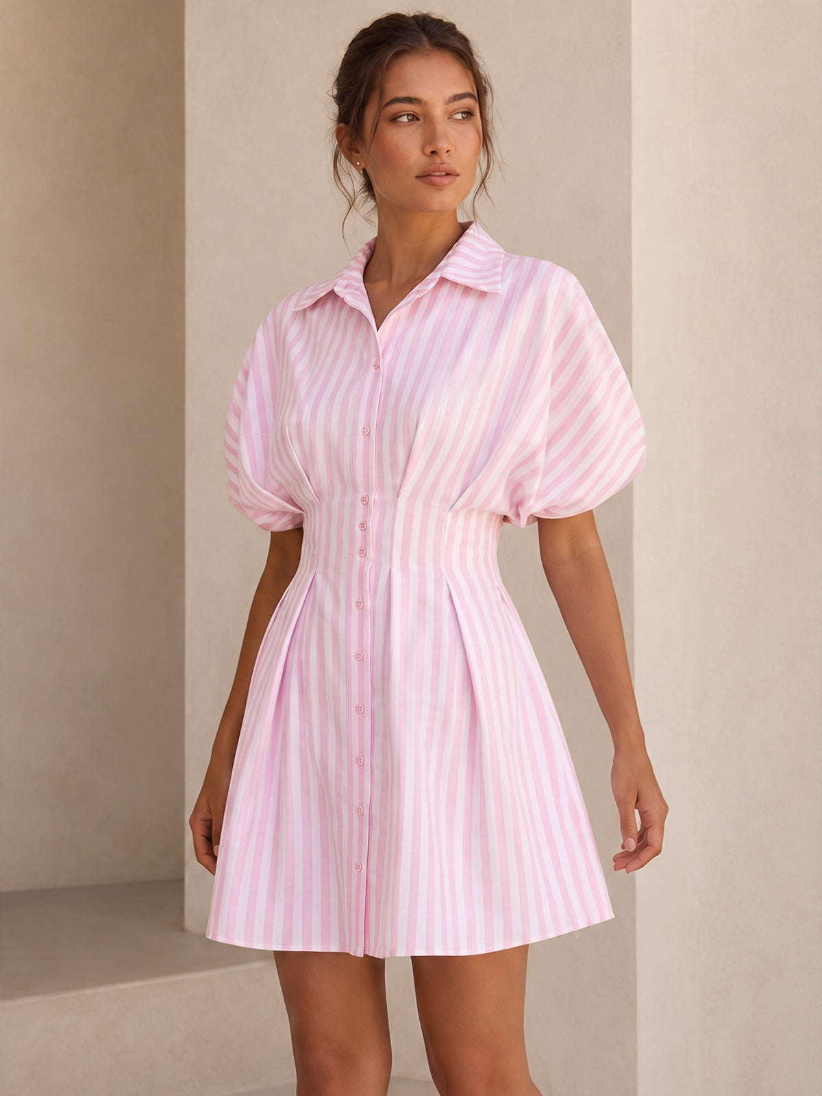 Striped Cinched Waist Shirt Dress with Belt Detail