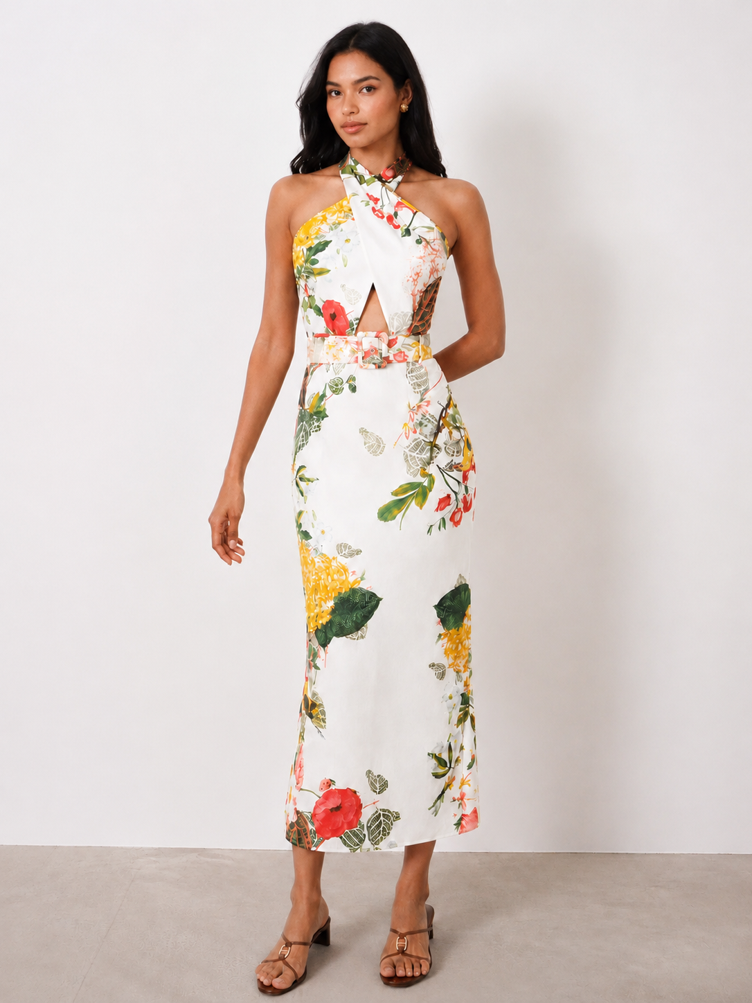 Halter Floral Print Belted Midi Pencil Dress Women's Spring Fashion