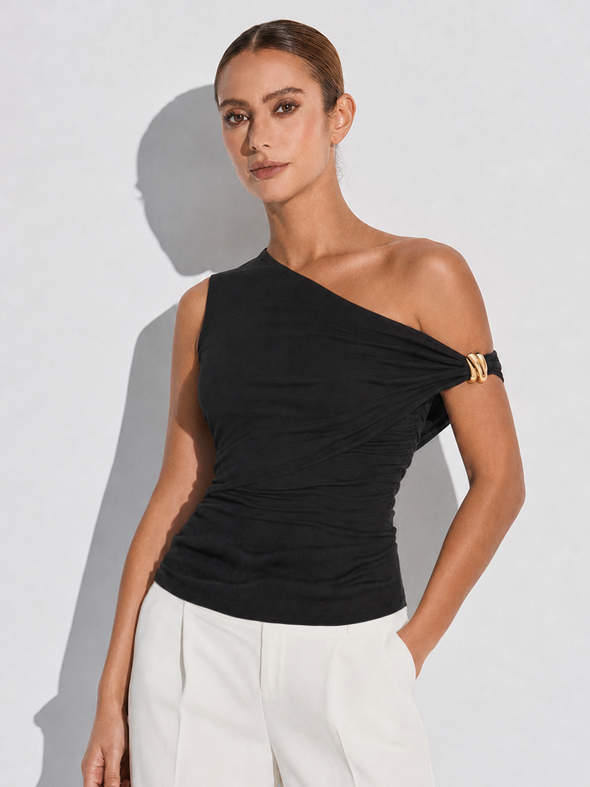 One Shoulder Ruched Metal Ring Tank Top for Women Casual Style