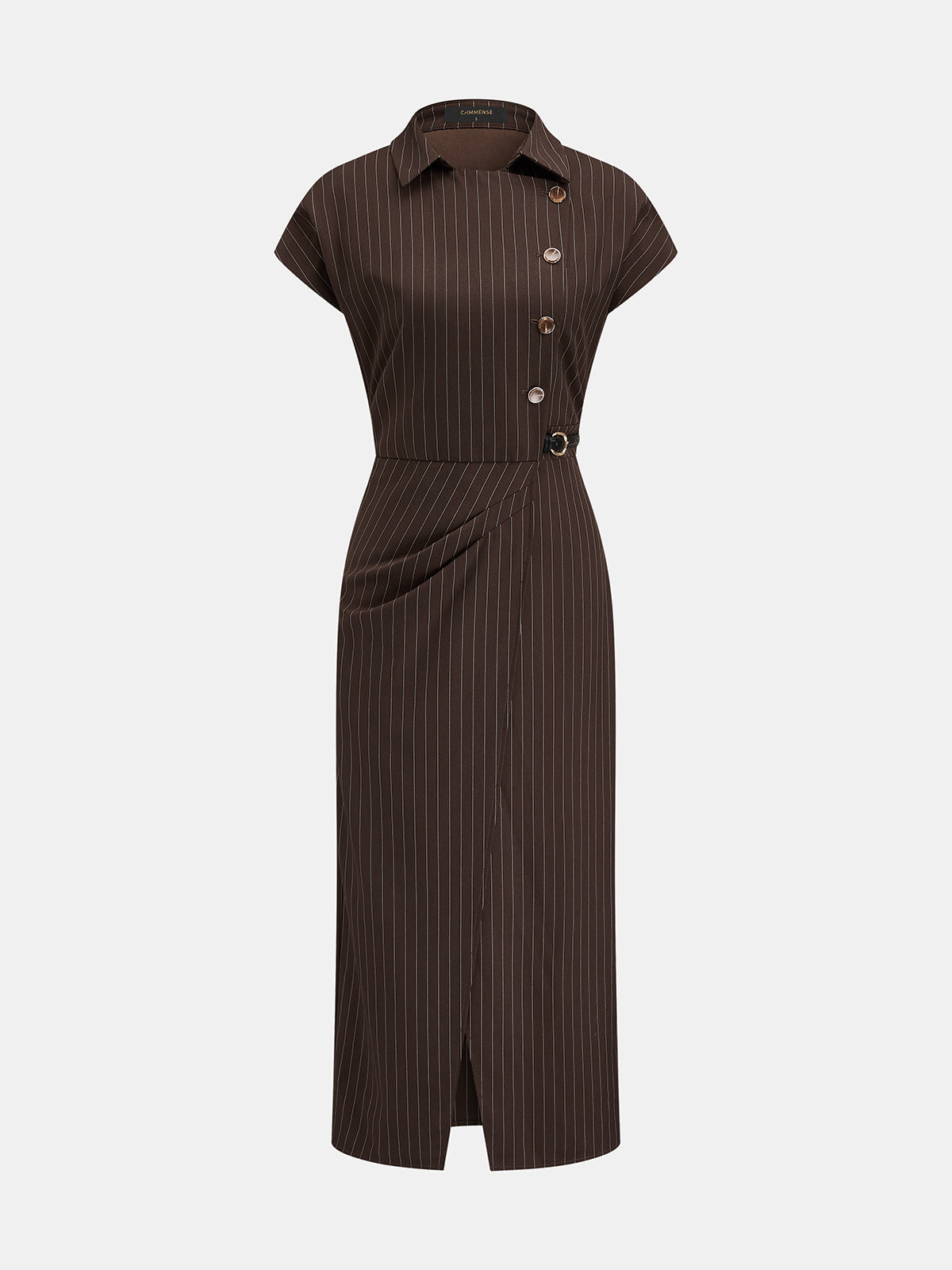 Collared Pinstripe Belted Slit Midi Dress Women's Office Wear Spring Collection
