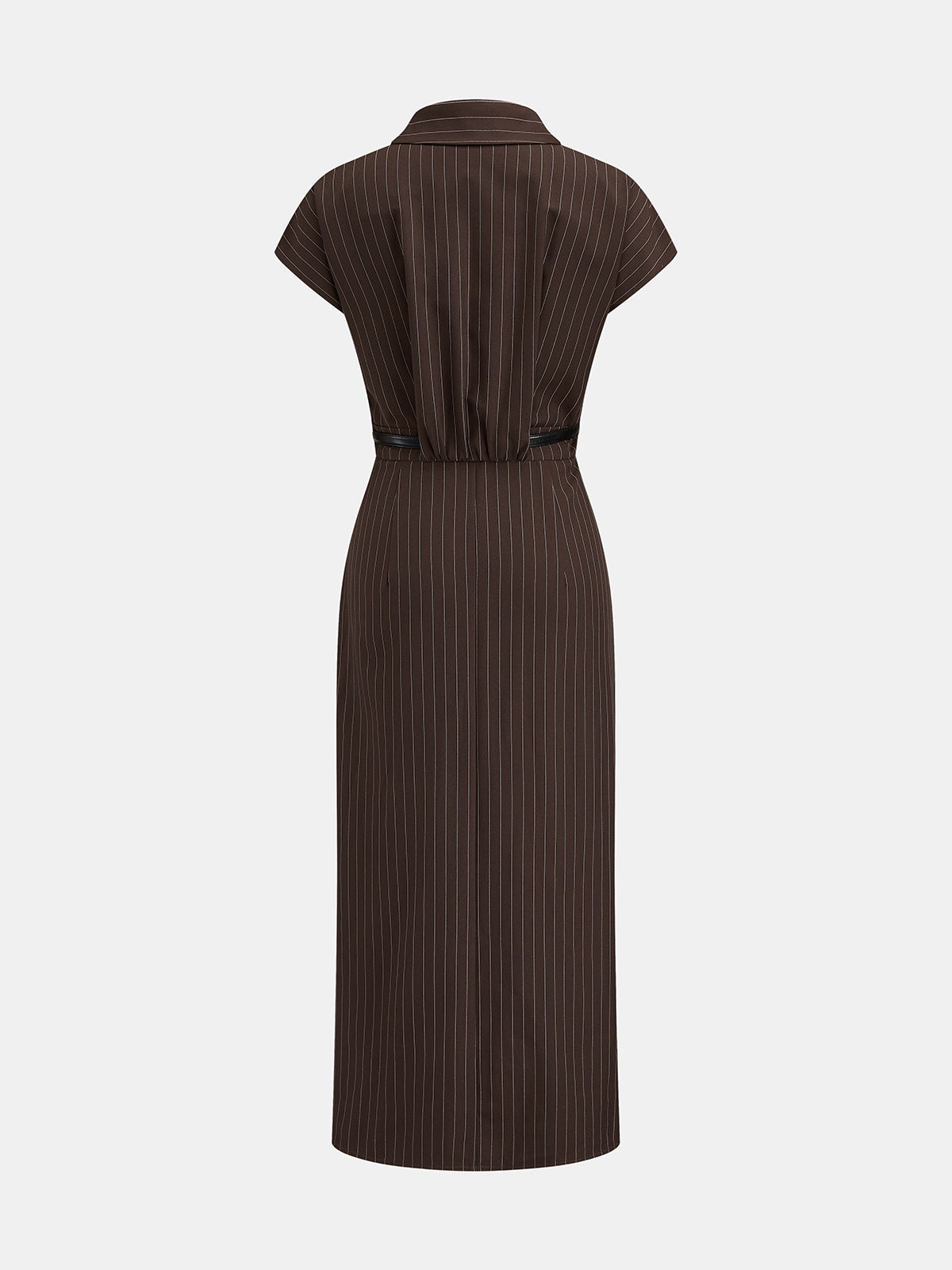 Collared Pinstripe Belted Slit Midi Dress Women's Office Wear Spring Collection