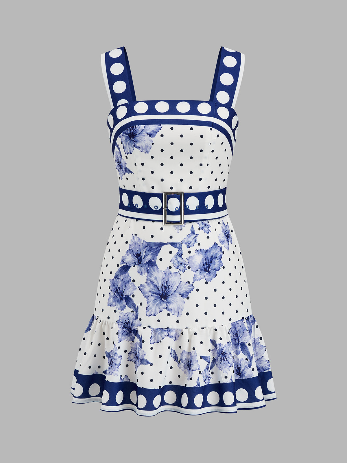 Polka Dot Floral Belted Mini Dress with Ruffled Sleeves and V-Neck